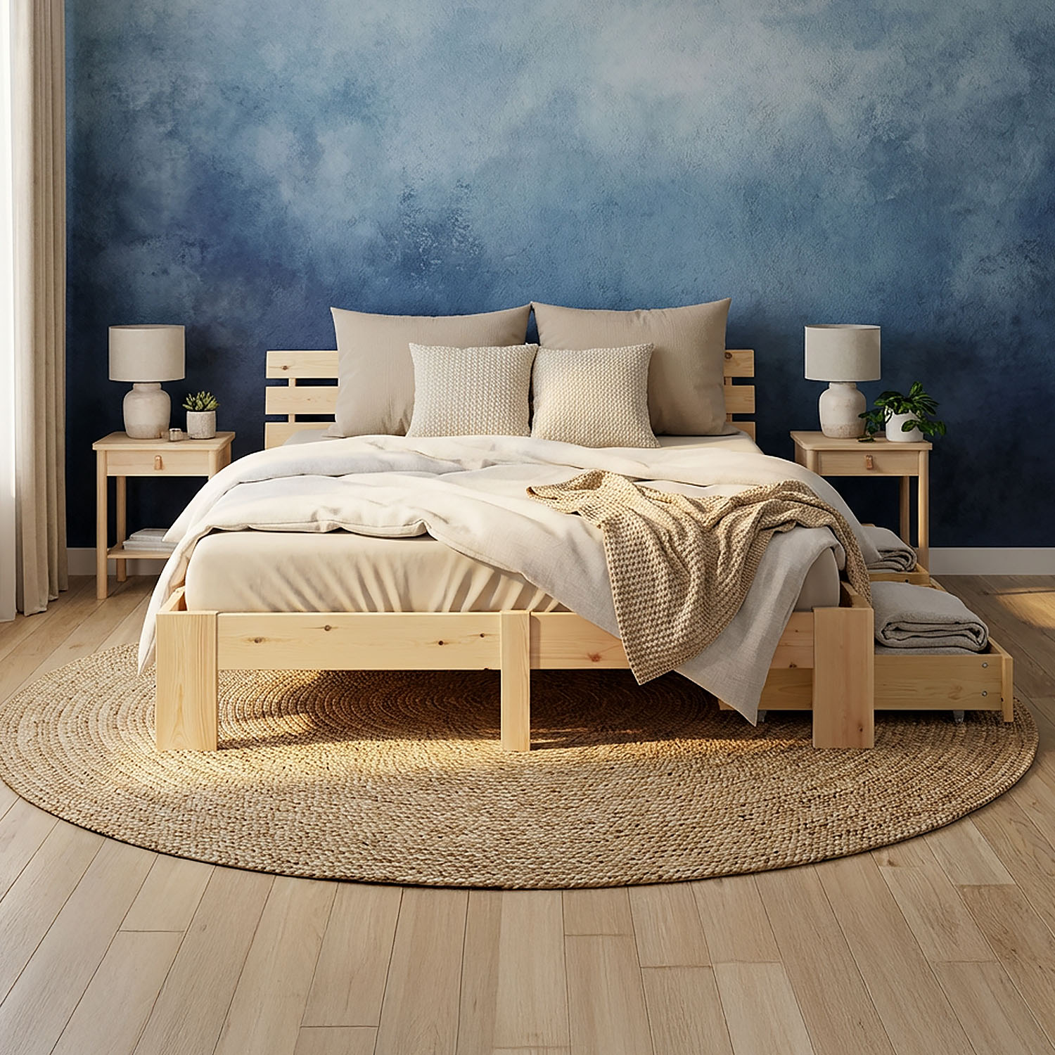 Wood Bed 140x200 cm Natural | Double Bed | with Spring Mattress | 2 Drawers | Youth Guest Bedroom