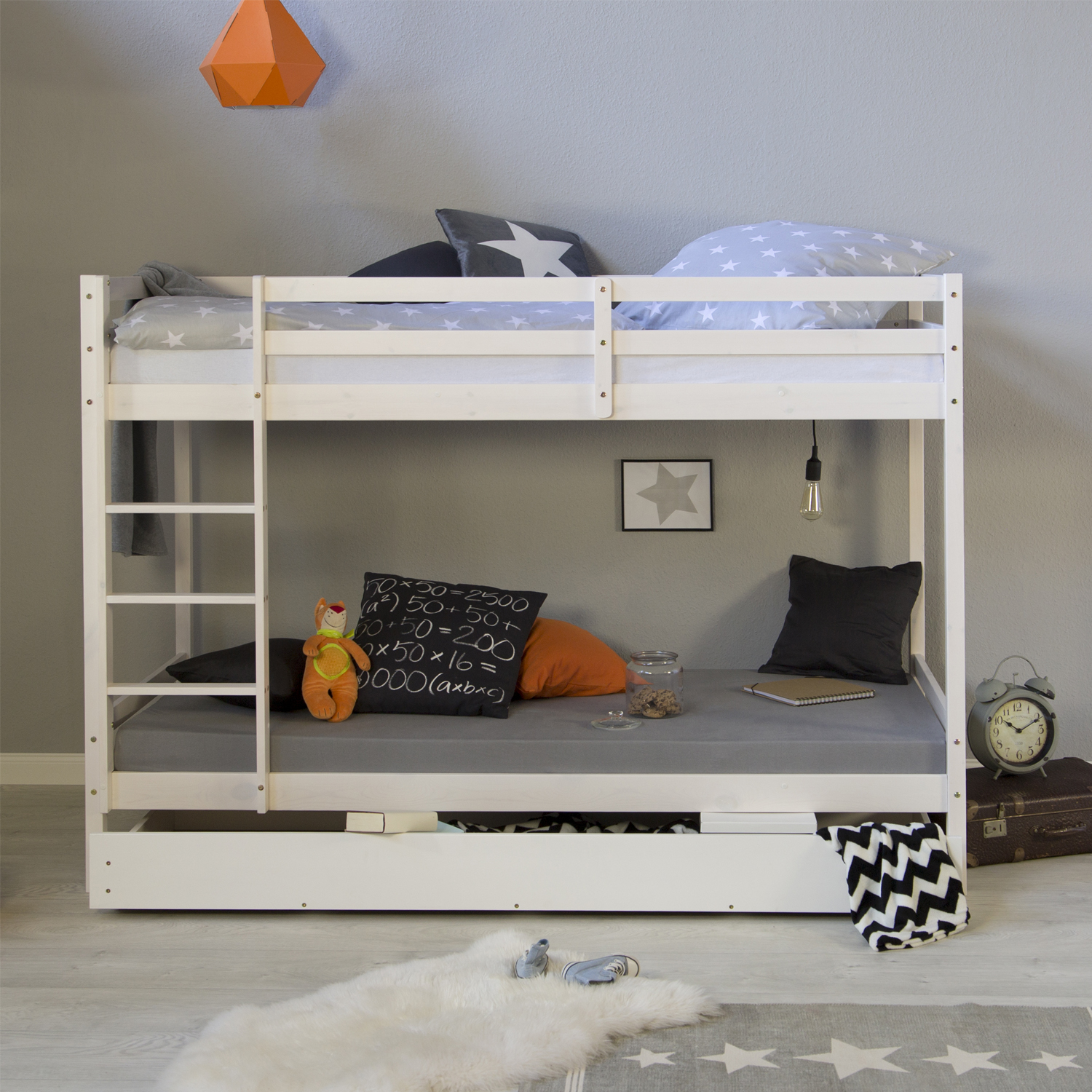 Bunk bed with drawer and 2 matresses Children bed 90x200 cm wooden Kids bed High sleeper White Slats