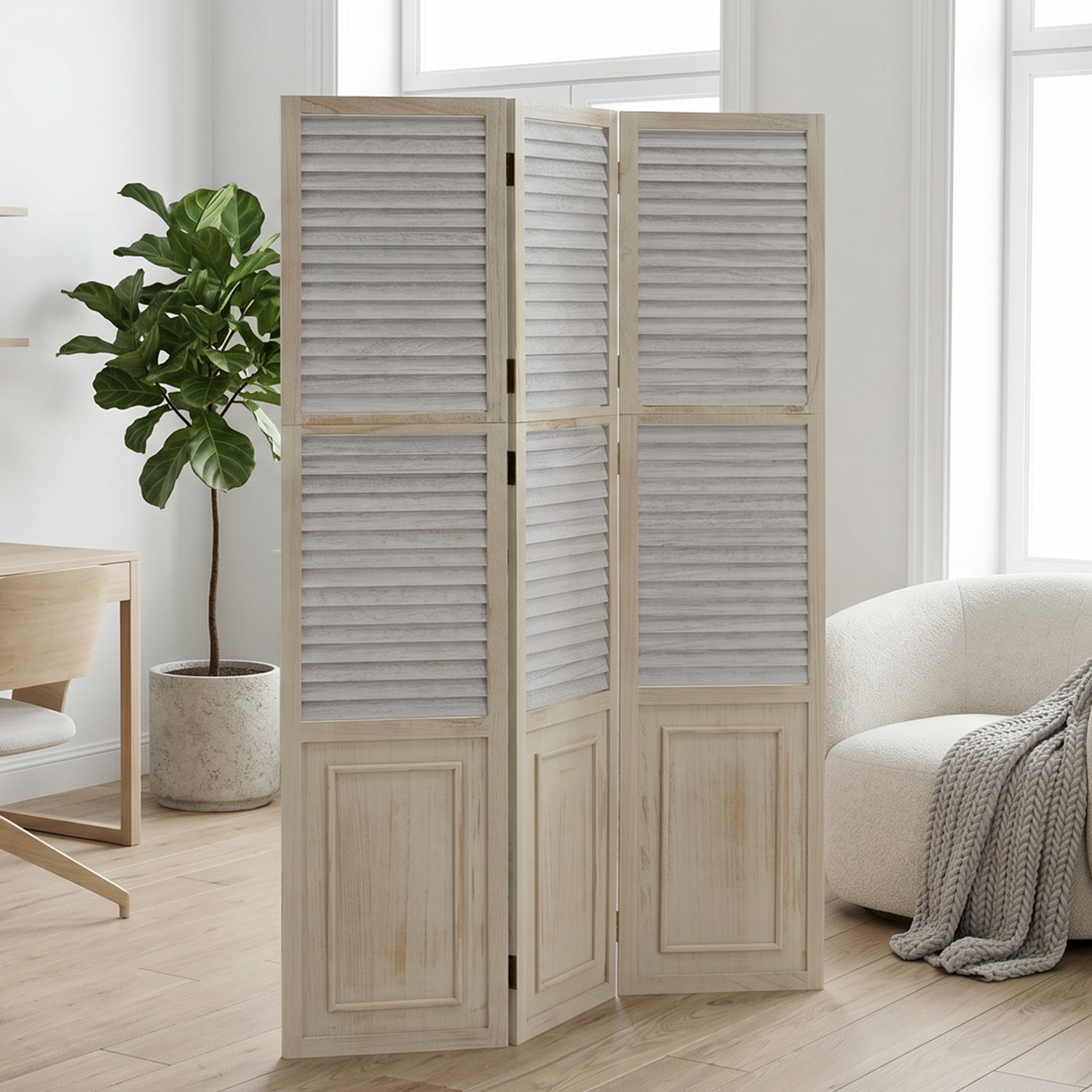 Paravent Grey Wooden Slats | 3-panel | Wood | Room Divider Partition Privacy Screen