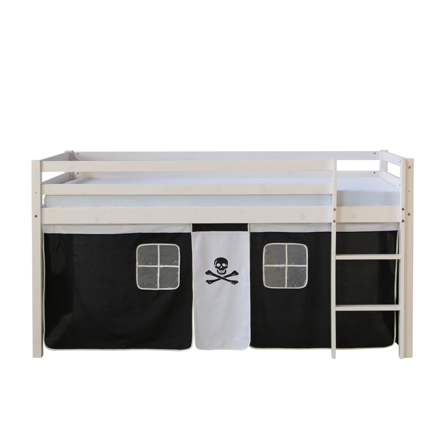 Loft Bed Kids 90x200 cm White with Curtain Black | without Slatted Frame Loftbed 90x200 cm with Mattress Bunk bed Childrens bed Solid Pine Wood Slats Curtain Black Pirate