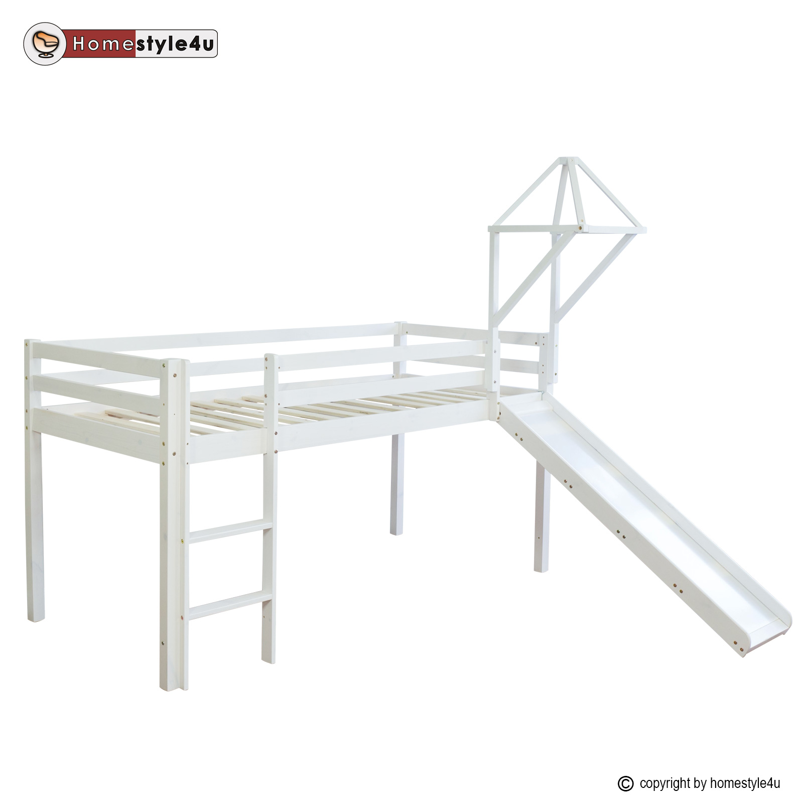 Loft Bed Kids 90x200 cm White with Curtain in Pink | Tunnel | Tower | Slide | without Slatted Frame Loft Bed Kids 90x200 cm White with Curtain in Pink | Tunnel | Tower | Slide | without Slatted Frame