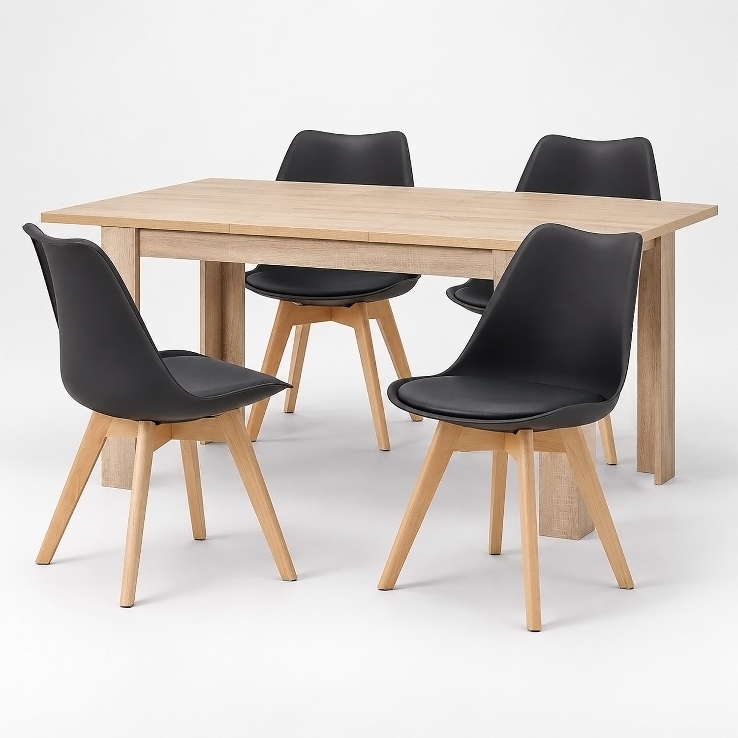 Dining Set (5-Piece): 120x80 cm oak extendable dining table with 4 black plastic chairs and wooden legs