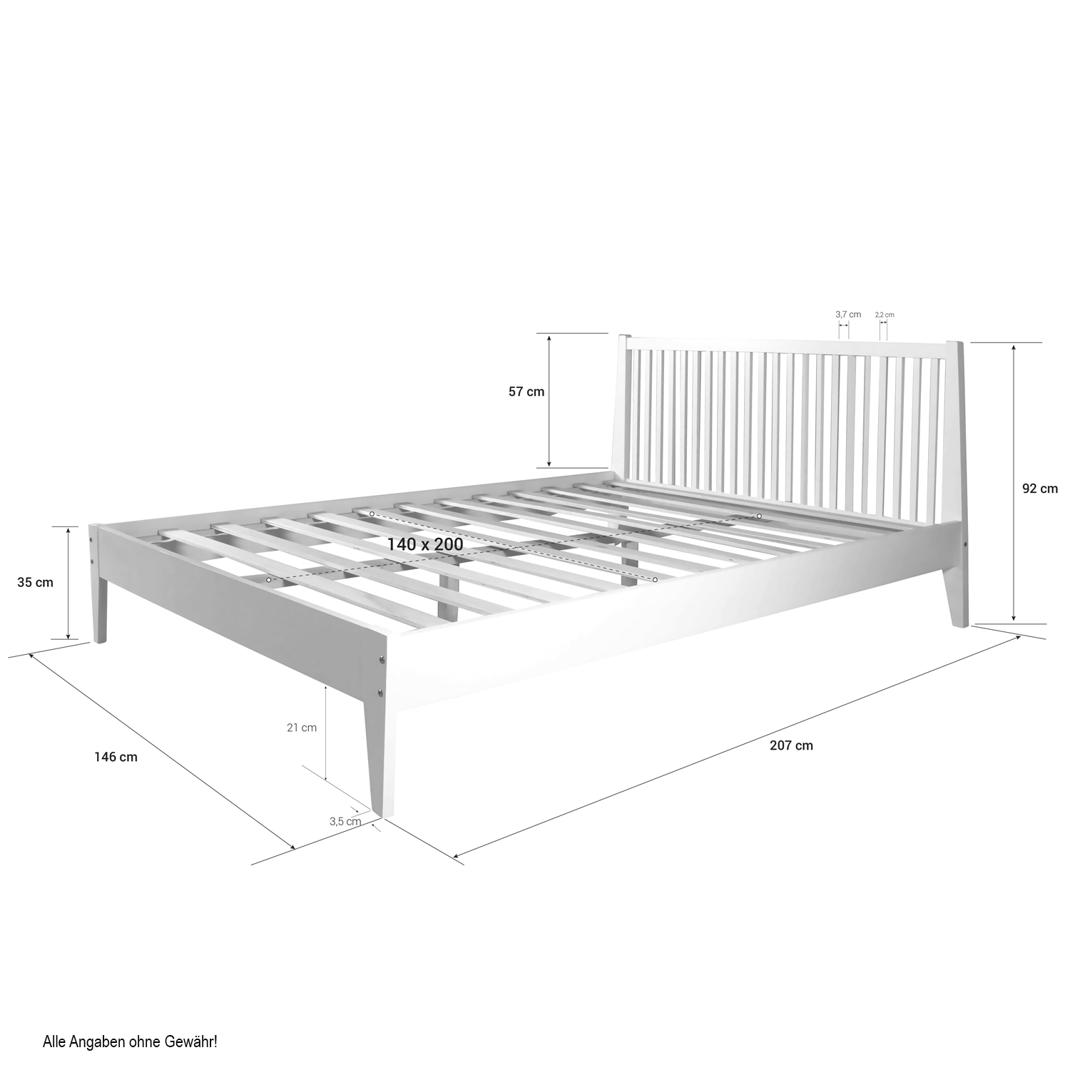 Wood Bed 140x200 cm White | Double Bed | with Slatted Frame | Scandinavian Style | Kids Youth Guest Bedroom