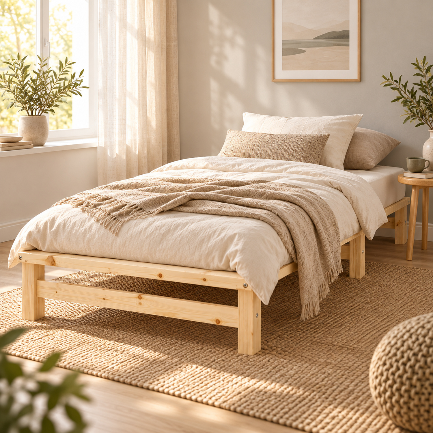 90x200 cm Natural Wooden Pallet Bed – Single Wooden Bed with Mattress & Slatted Base for Teen Rooms, Guest Rooms, and Bedrooms