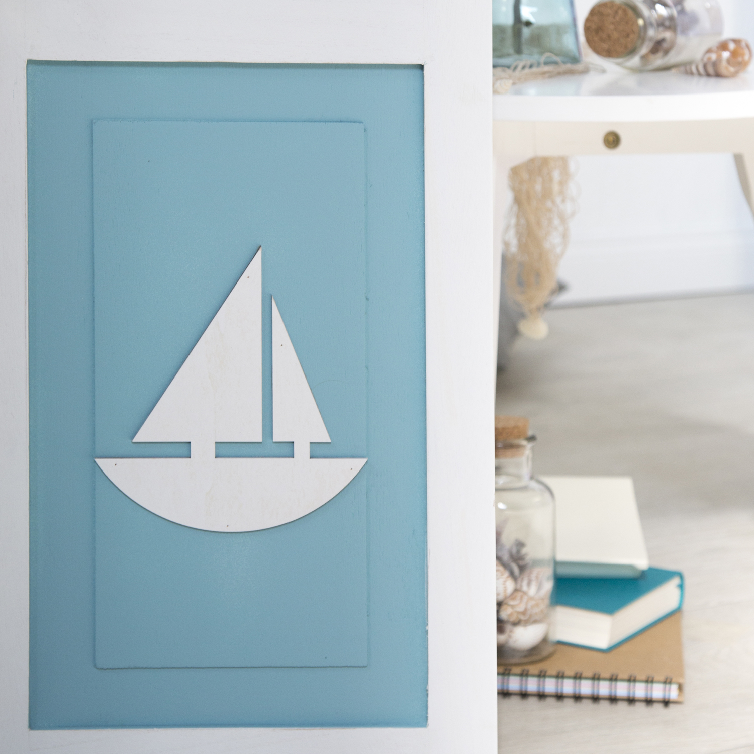 Paravent White Maritime Motifs | 3-panel | Wood | Room Divider Partition Privacy Screen