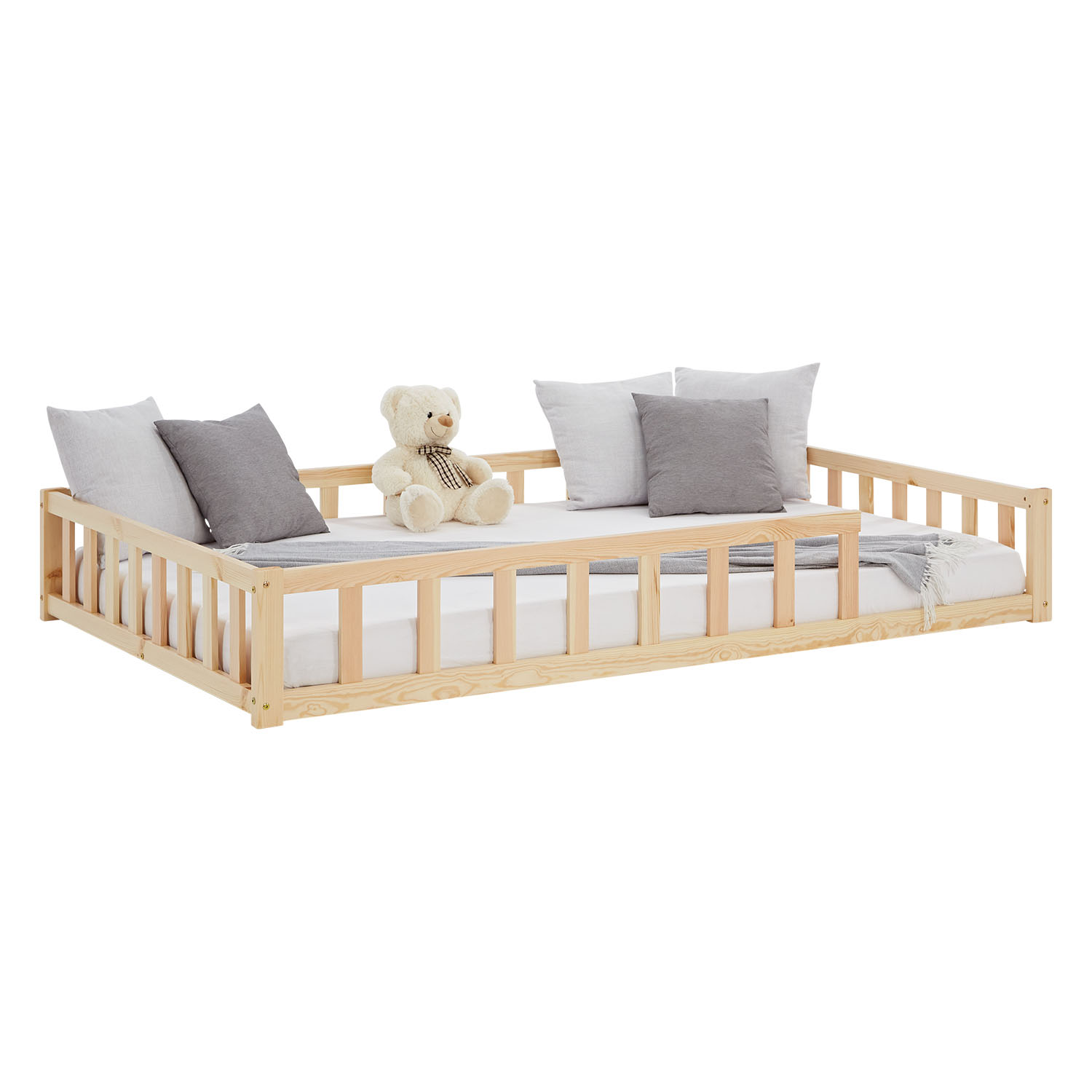 Children's Bed 120x200 Natural | Floor Bed with Mattress & Slatted Frame | with Fall Protection | Montessori