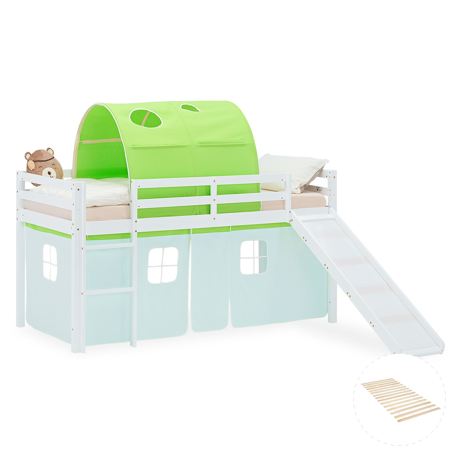 Loft Bed for Kids 90x200 cm White with Curtain & Tunnel in Green | Slide | with Slatted Frame