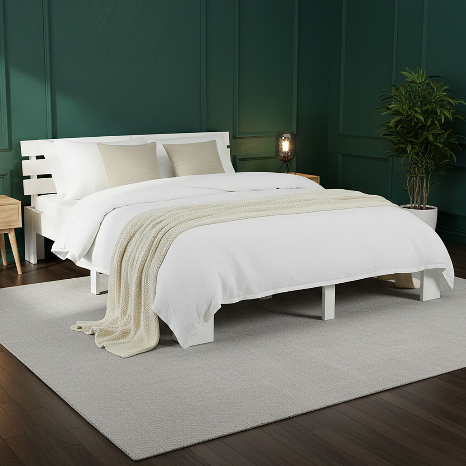 Wood Bed 160x200 cm White | Double Bed | with 2 Mattress | Solid | Kids Youth Guest Bedroom