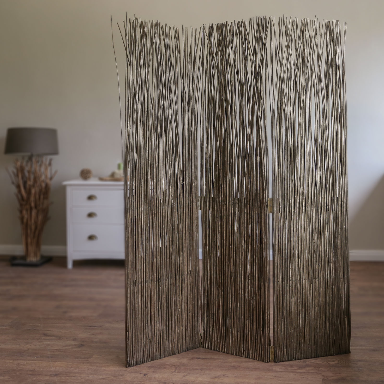 Paravent room divider 3 parts wood partition wall privacy screen brown nature grey