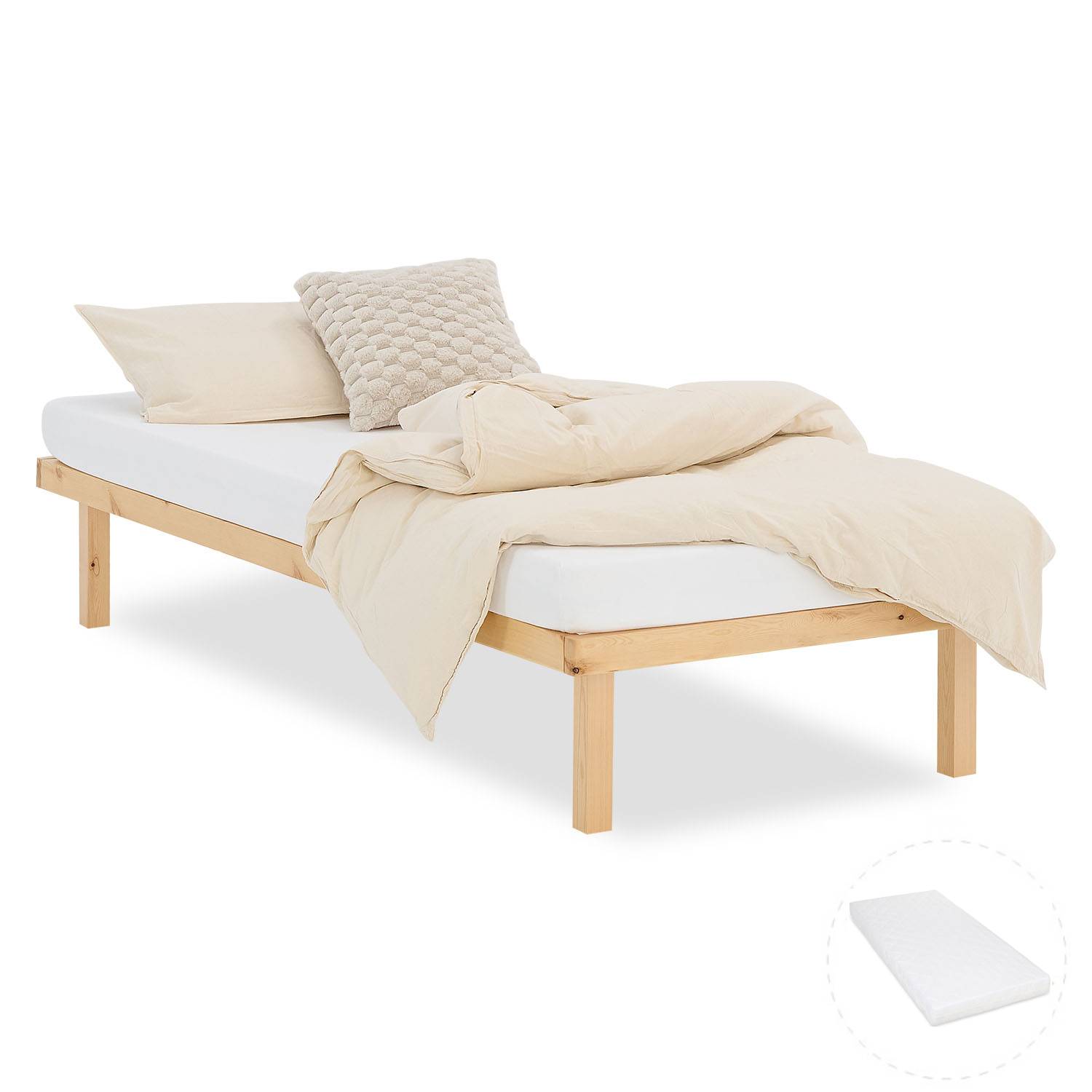 Wooden Bed 90x200 cm Natural | Single Bed | with Slatted Frame and Mattress | Wood | Kids Youth Guest Bedroom
