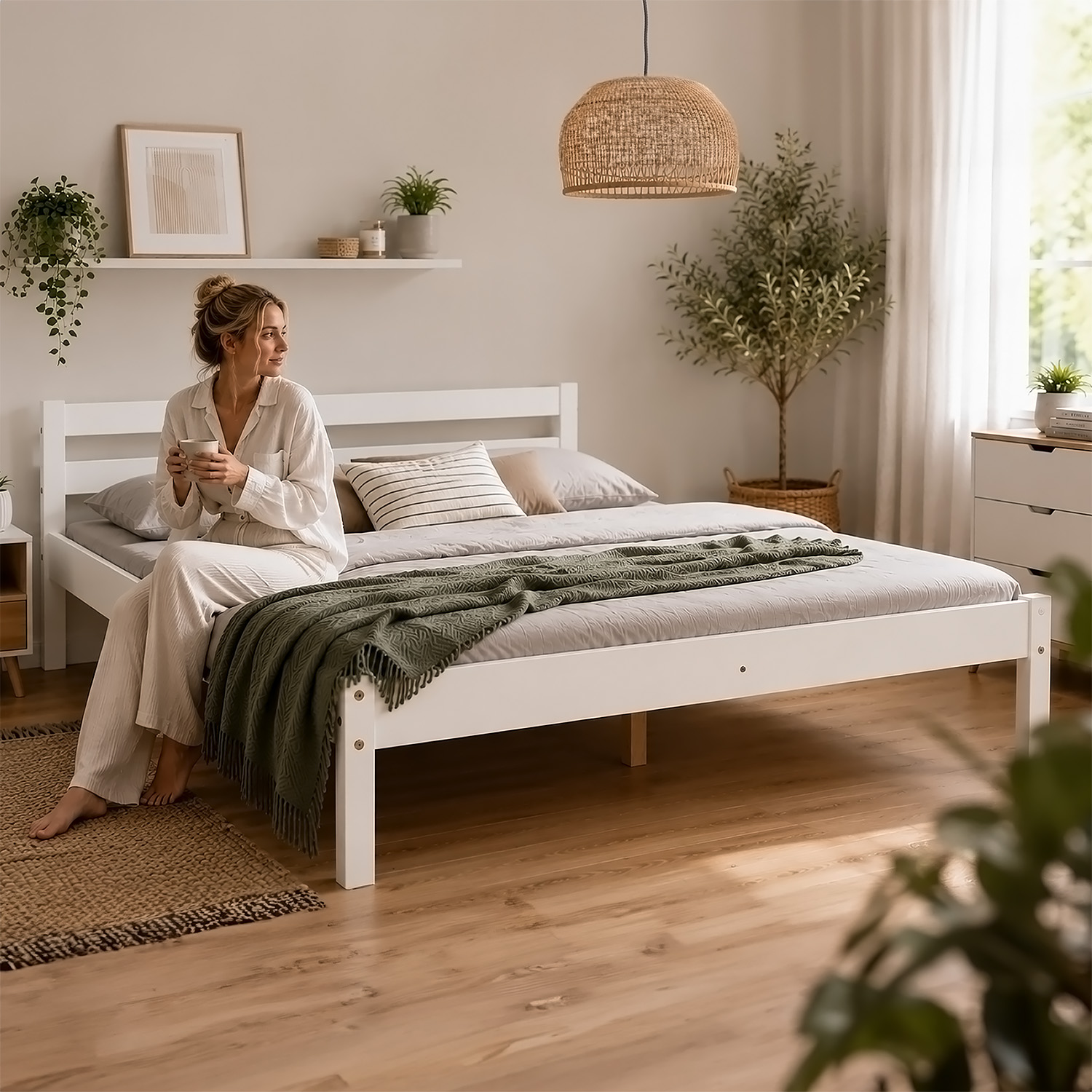 Wooden Bed 140x200 cm White – Solid Wood Double Bed with Slatted Base for Teenagers' Rooms, Guest Rooms, and Bedrooms