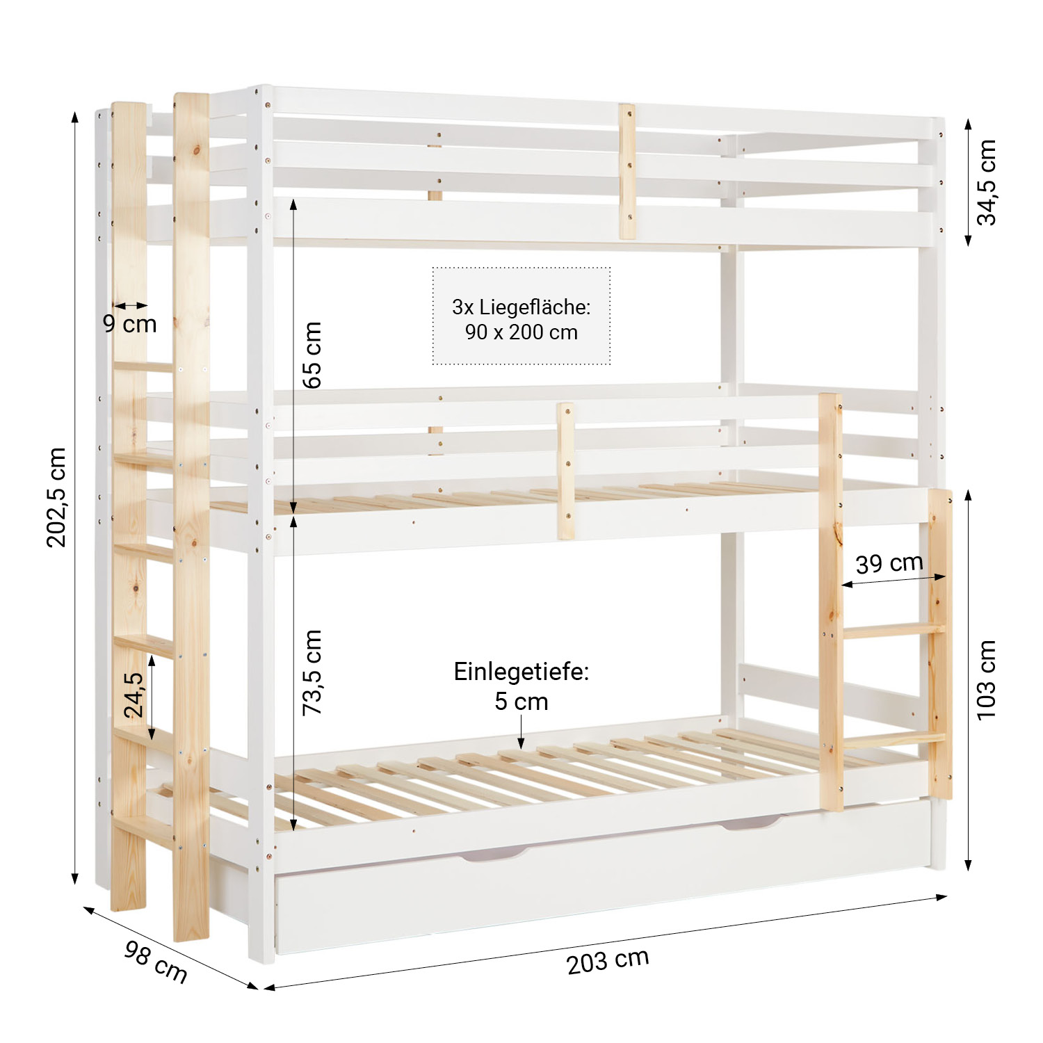 Bunk Bed 3 Levels 90x200 cm White | Ladders Natural | with Bed Drawer | with Slatted Frame