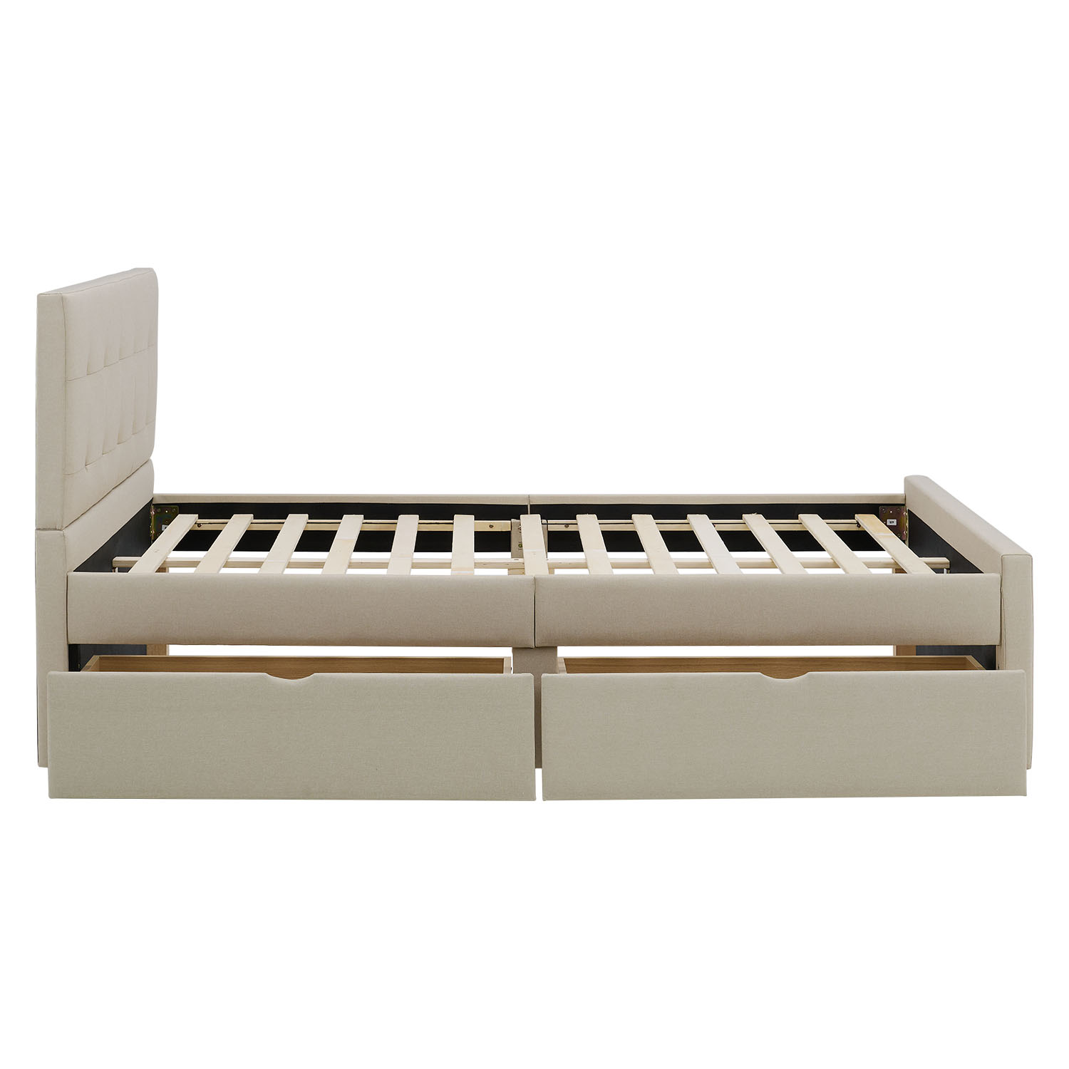 Upholstered bed 120x200 cm beige | with slatted frame | with 2 bed drawers | double fabric bed frame