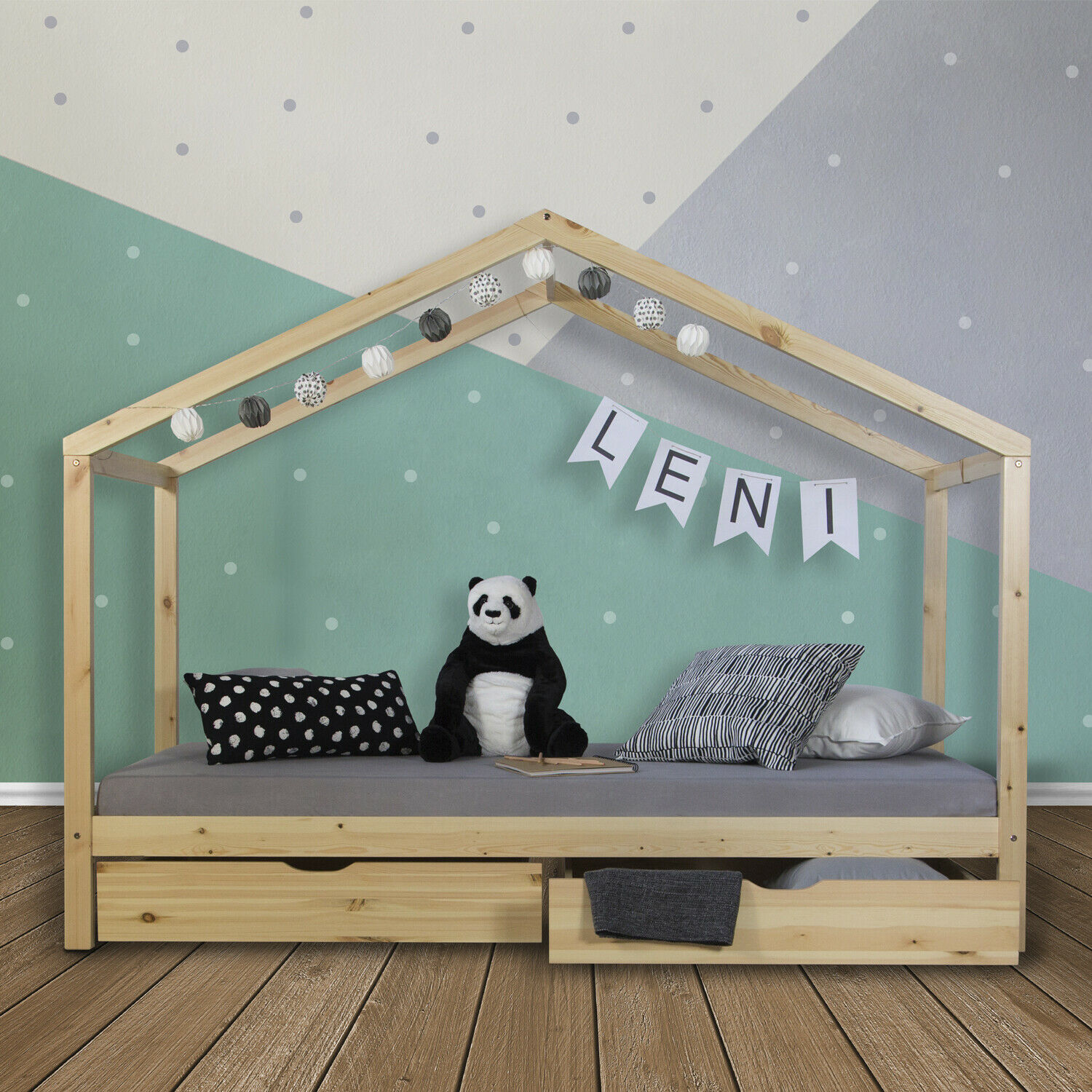 Children's Bed 90x200 cm Natural | House Bed with Drawers | Single Bed | with Slatted Frame | Wood Children's Bed 90x200 cm Natural | House Bed with Drawers | Single Bed | with Slatted Frame | Wood