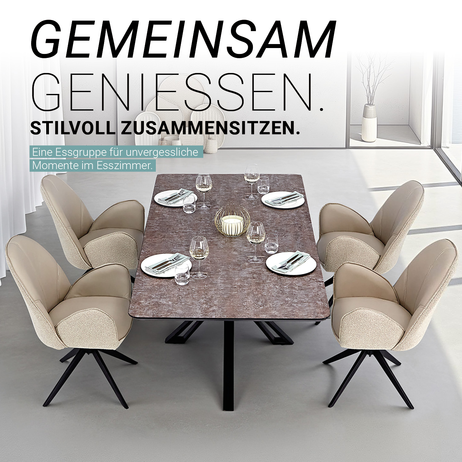 Esstisch mit 4 oder 6 Stühlen Set Essgruppe Polsterstühle Drehbar Bouclé Leder Braun Beige Esszimmertisch 200x100 cm