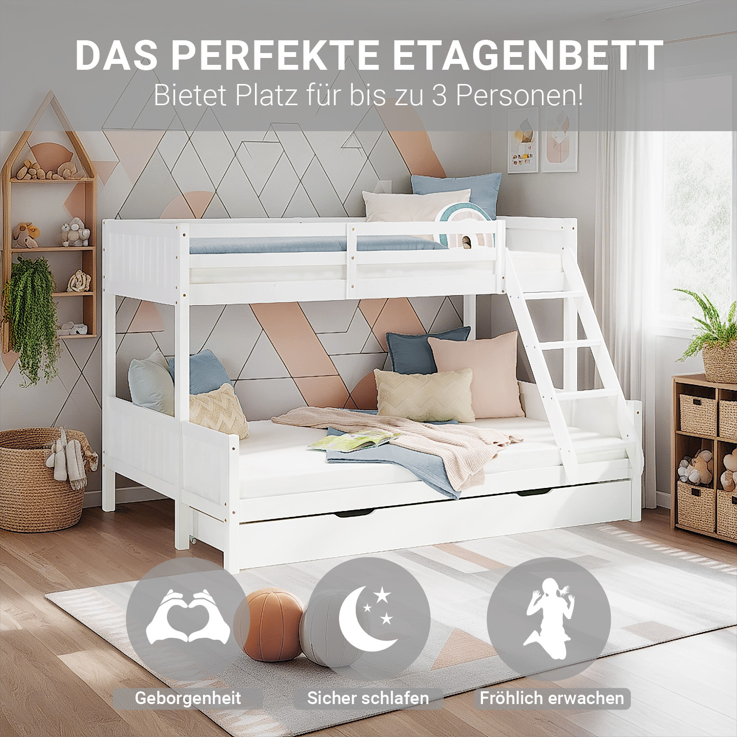 Bunk Bed with 2 Mattresses Kids Bed 90x200 and 140x200 cm White Wood Cabin Bed High Sleeper Bed Loft Bed Childrens Bed Twin Bed Drawer