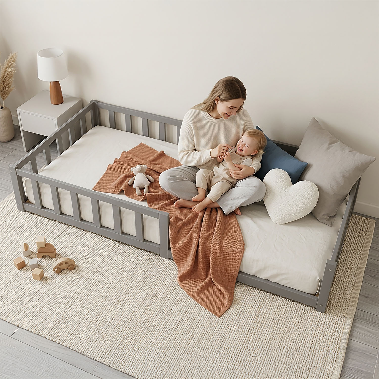 Children's Bed 90x200 Grey | Floor Bed with Mattress & Slatted Frame | with Fall Protection | Montessori