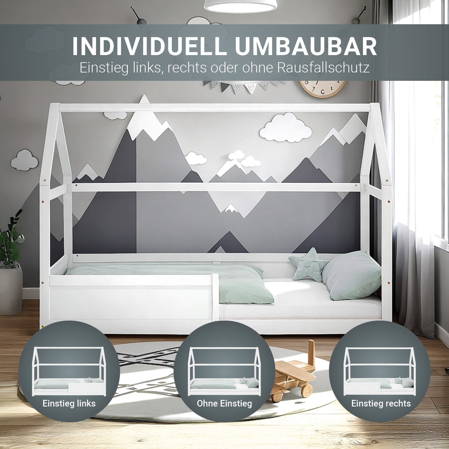 Children's Bed 90x200 cm White | House Bed with Fall Protection | Montessori | Single Bed | with Slatted Frame | Wood