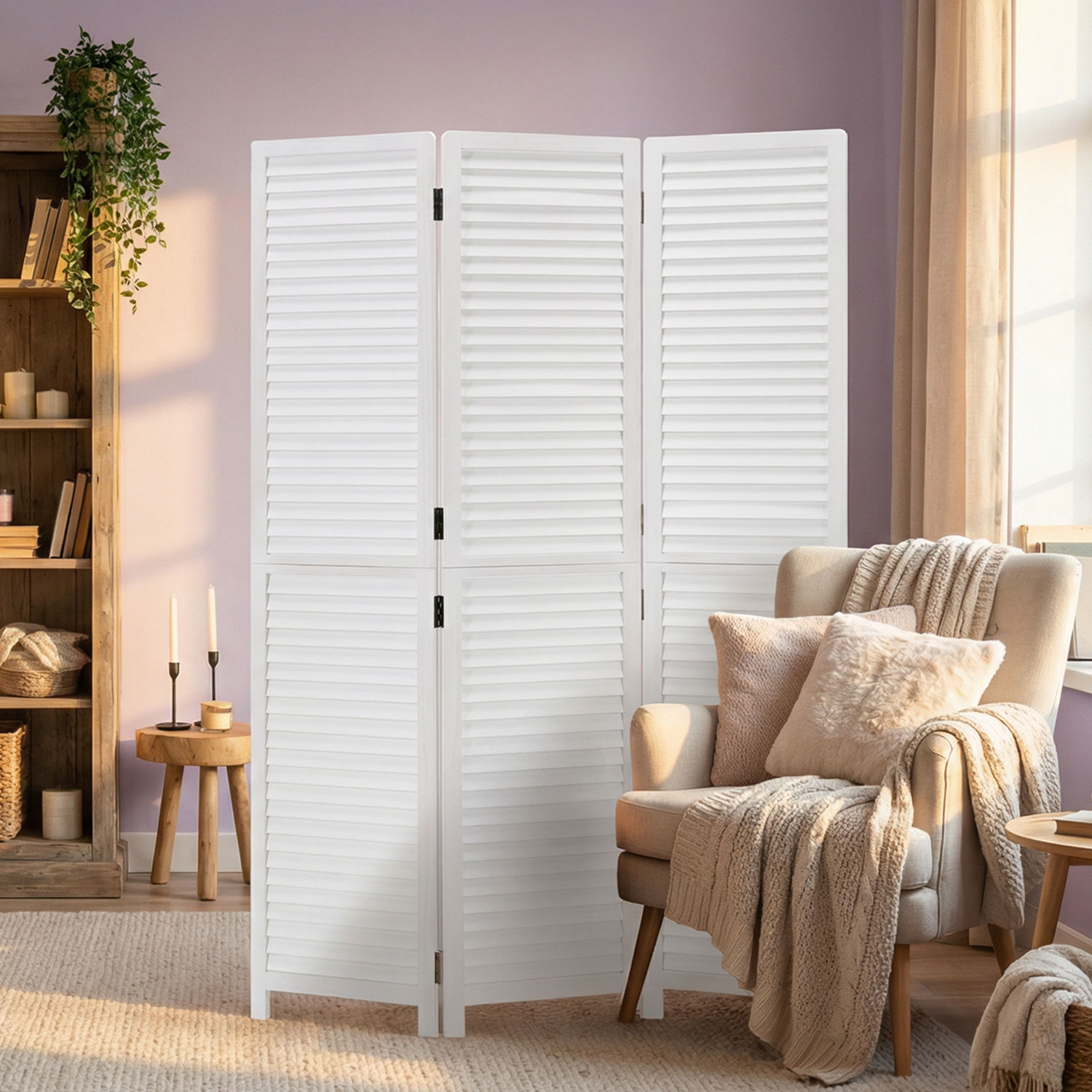 Paravent White Wooden Slats | 3-panel | Wood | Room Divider Partition Privacy Screen