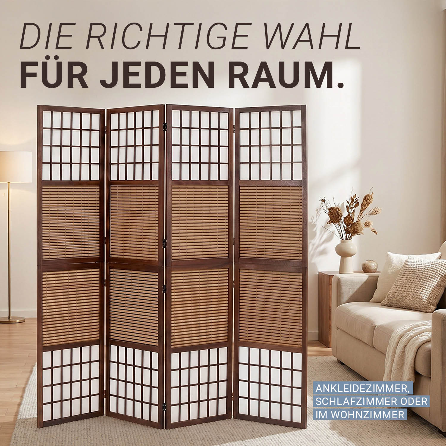 Brown Bamboo & Shoji Screen – 4-panel wooden screen