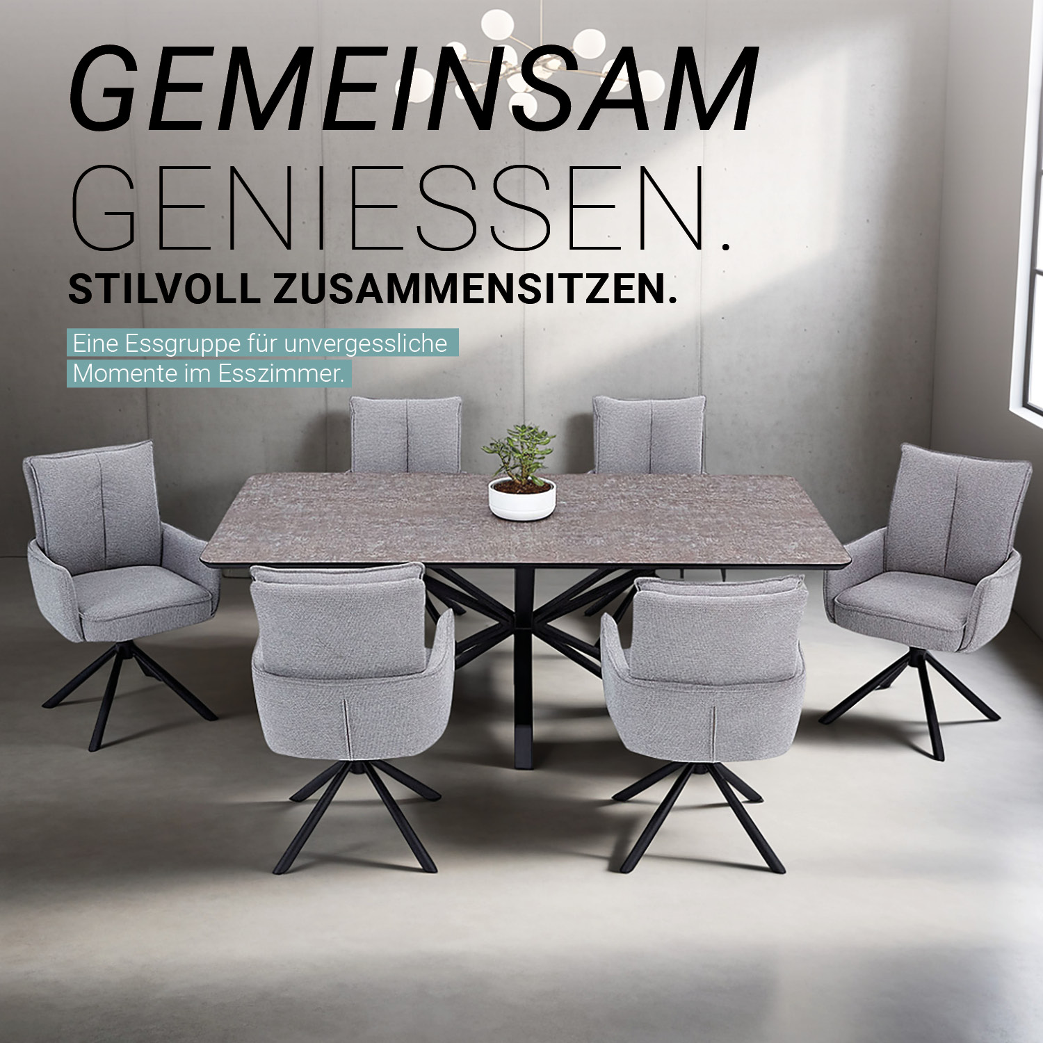 Dining set | 6-piece set upholstered chairs grey with armrest | swivel | dining table brown metal frame 200 x 100 cm