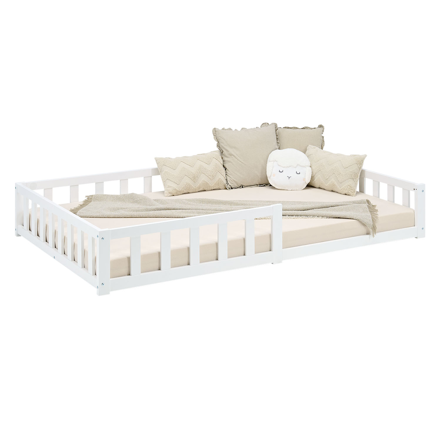 Montessori Crib 120x200 cm White with Safety Rail & Slatted Base – Solid Wood Crib