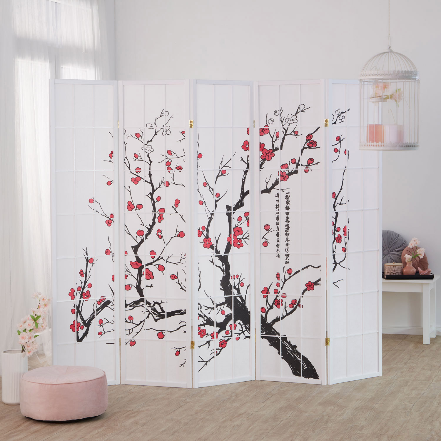 Paravent White Cherry Pattern | Rice Paper White | 5-panel | Wood | Room Divider Partition Privacy Screen