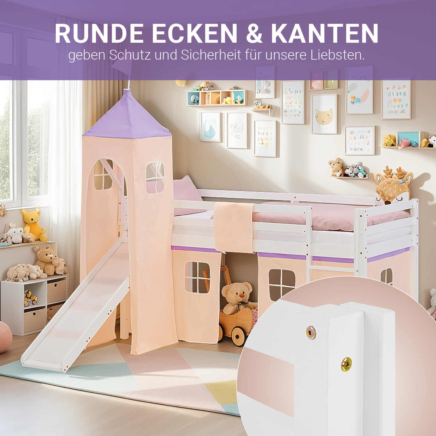 Loft Bed for Kids 90x200 cm White with Curtain in Lilac Beige | Slide | Tower | with Slatted Frame and Mattress