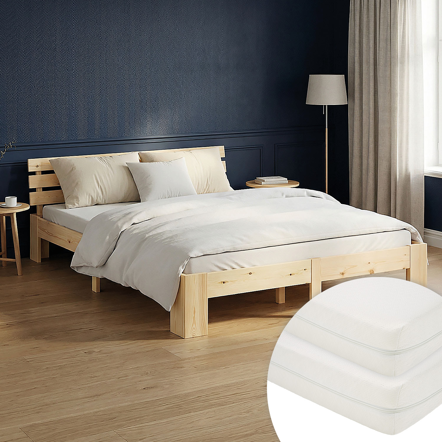 Wood Bed 160x200 cm Natural | Double Bed | with 2 Mattress | Solid | Kids Youth Guest Bedroom