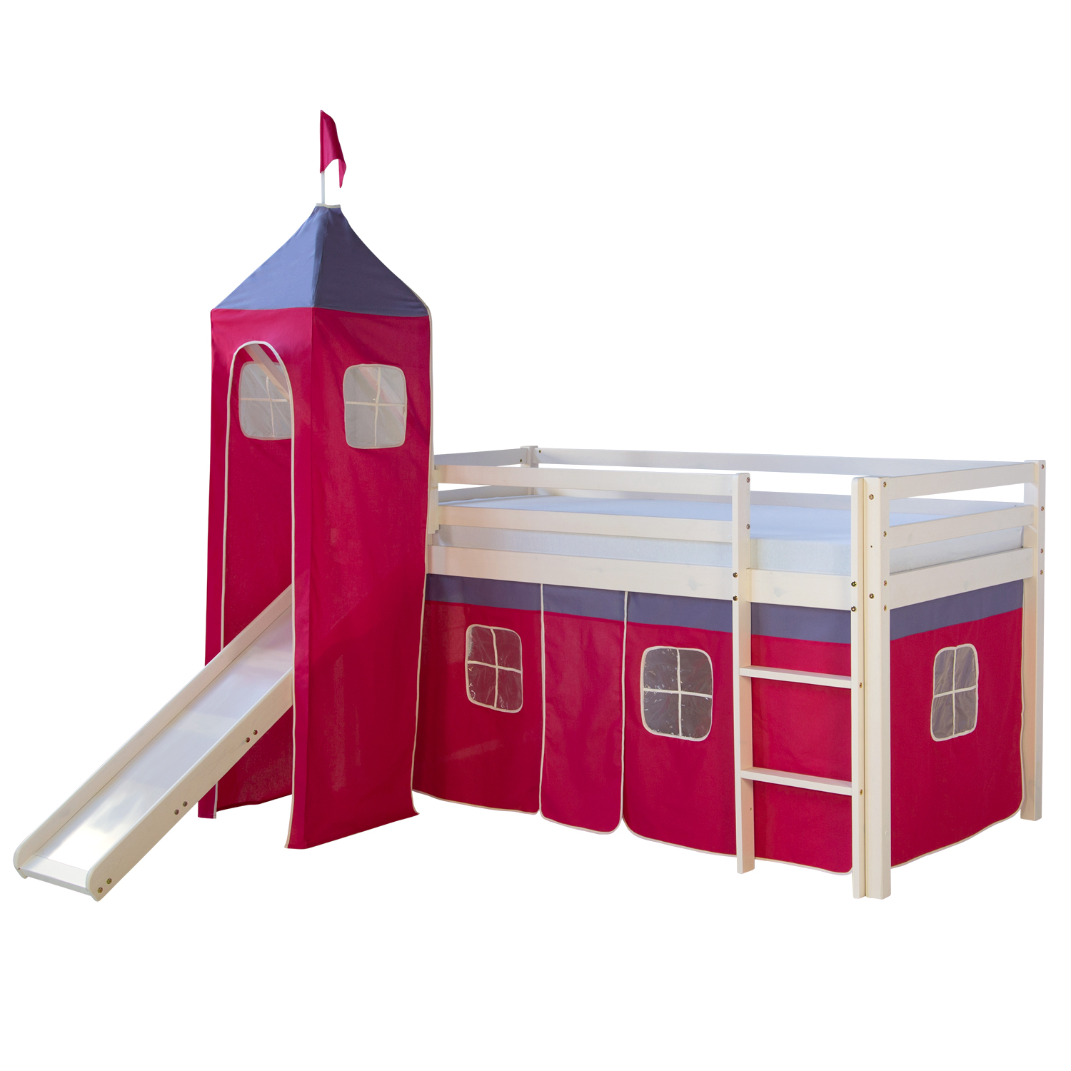 Loft Bed Kids 90x200 cm White with Curtain in Pink | Tower | Slide | with Slatted Frame