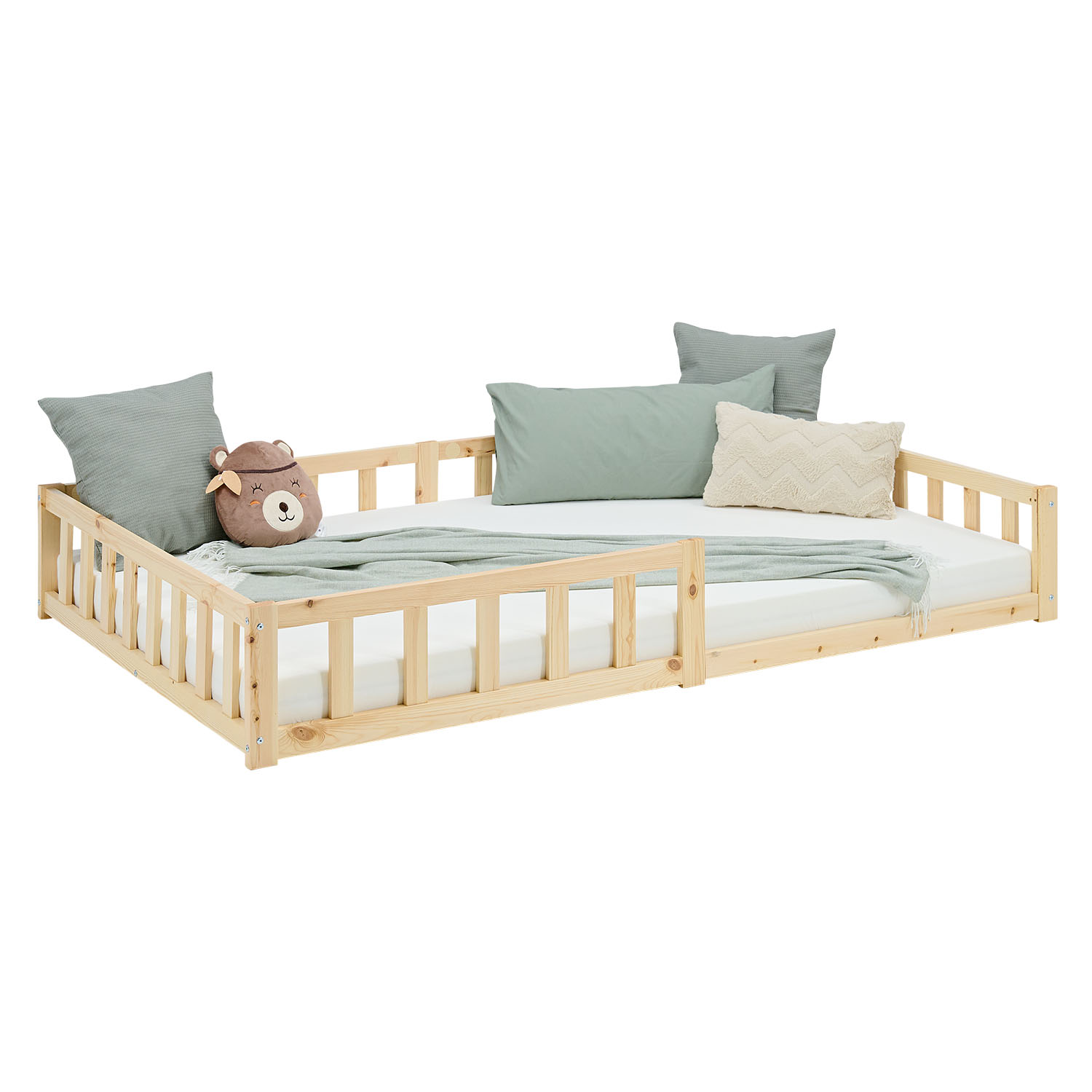 Montessori Crib 120x200 cm Natural, Includes Mattress & Slatted Base – Floor-Level Crib with Safety Rails Made of Solid Wood