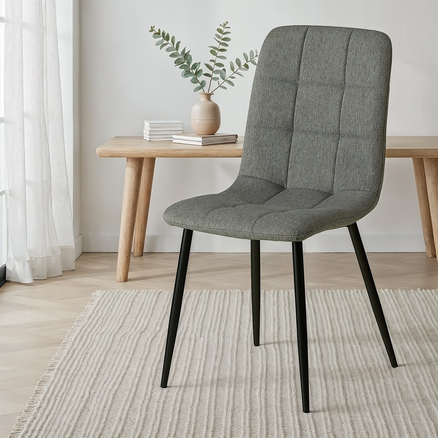 Dining Set (3-piece): Oak dining table (approx. 80x80 cm) with 2 gray upholstered chairs and black metal legs
