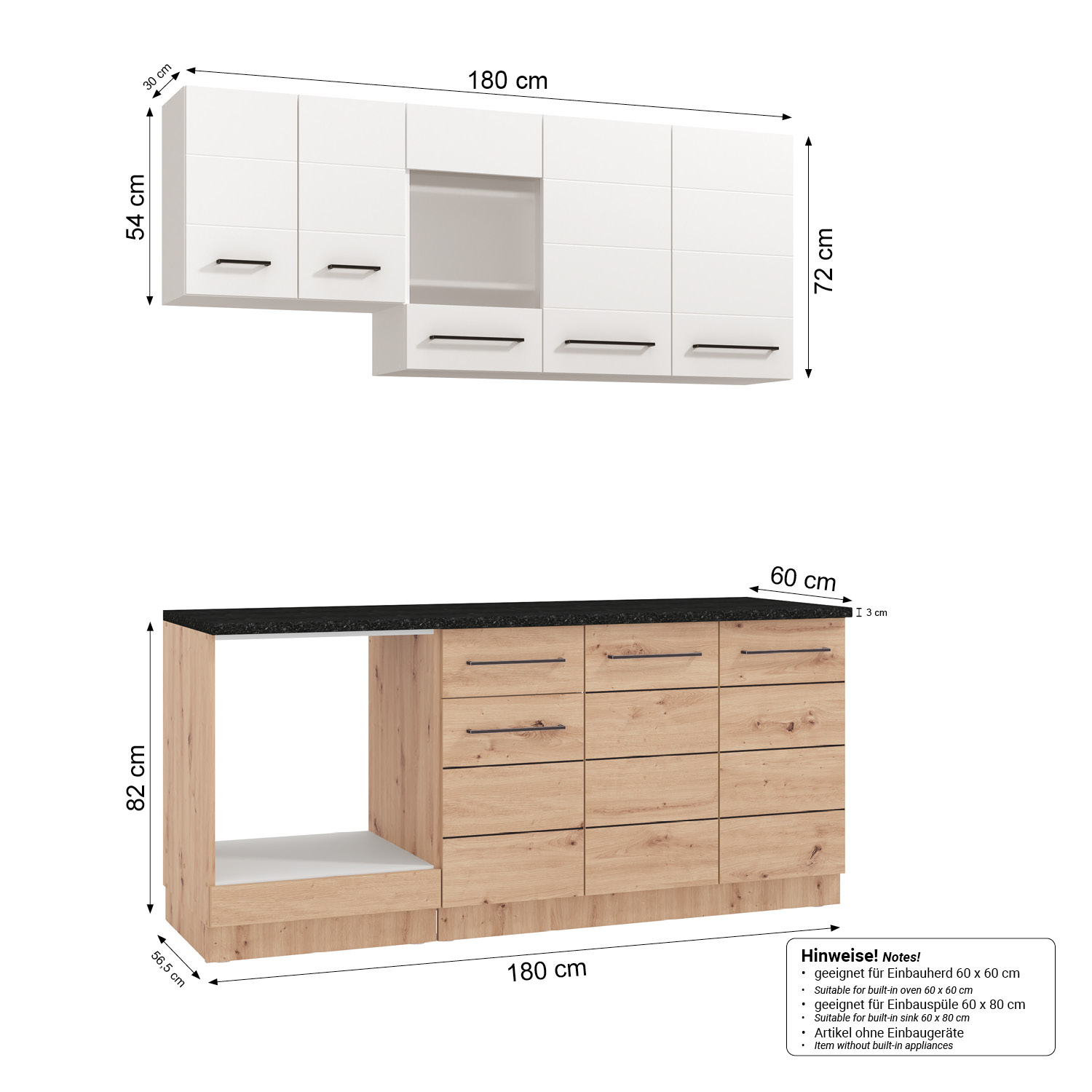 180 cm kitchen unit (without appliances) | High-gloss white & oak | Modern studio kitchen with upper and lower cabinets