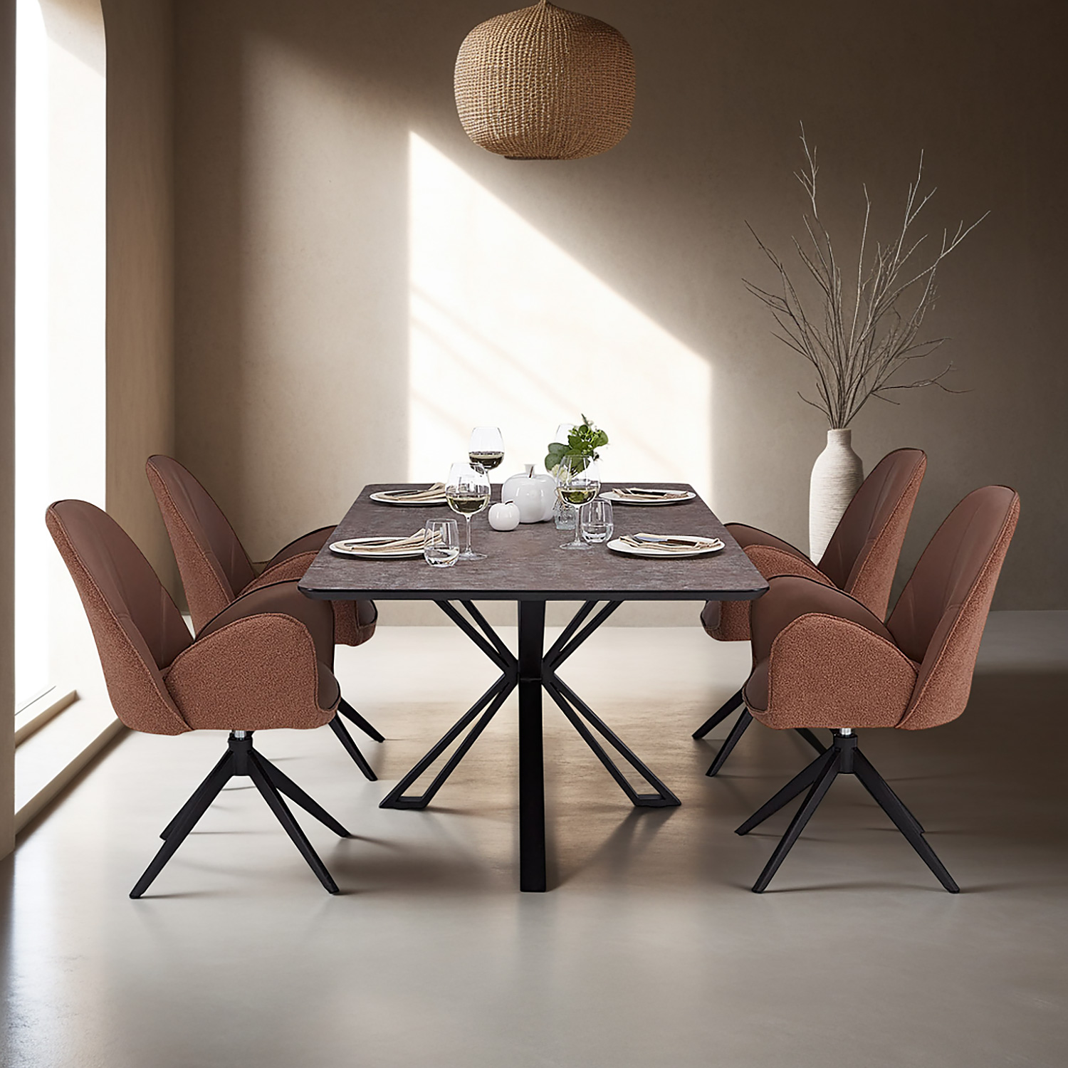 Dining set | 4-piece set upholstered chairs brown bouclé Leder with armrest | swivel | dining table brown metal frame 200 x 100 cm