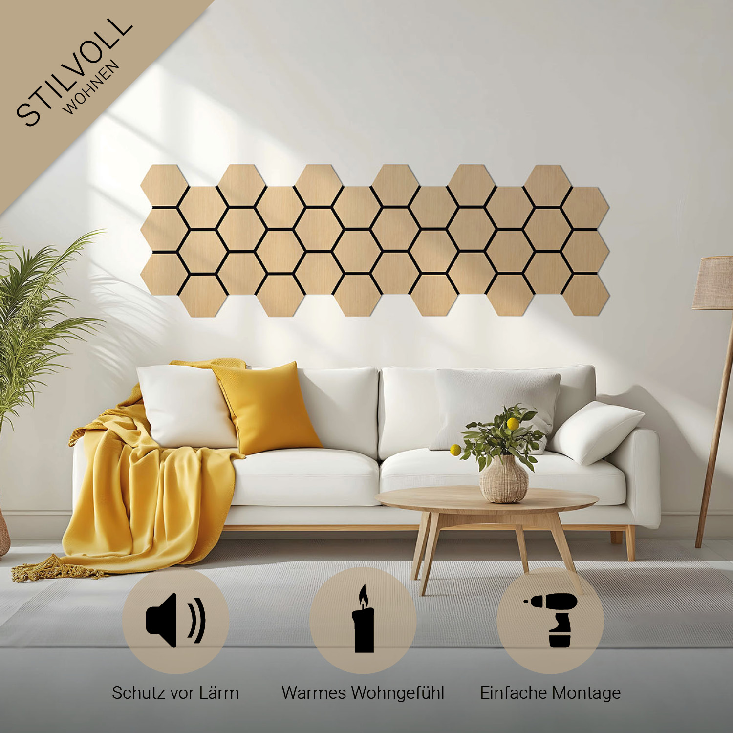 Acoustic Panels Wall Panels Hexagon Honeycomb 76 x 62 cm Natural Oak | Wood | 4-piece Set | 3D