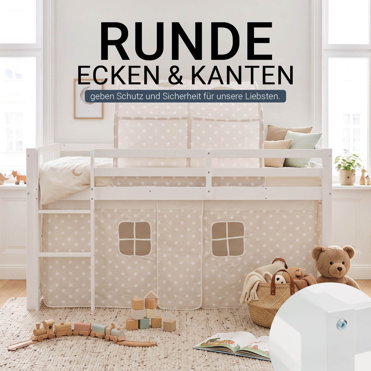 Children's Loft Bed 90x200 cm White with Star Curtain | Tower | with Slatted Base
