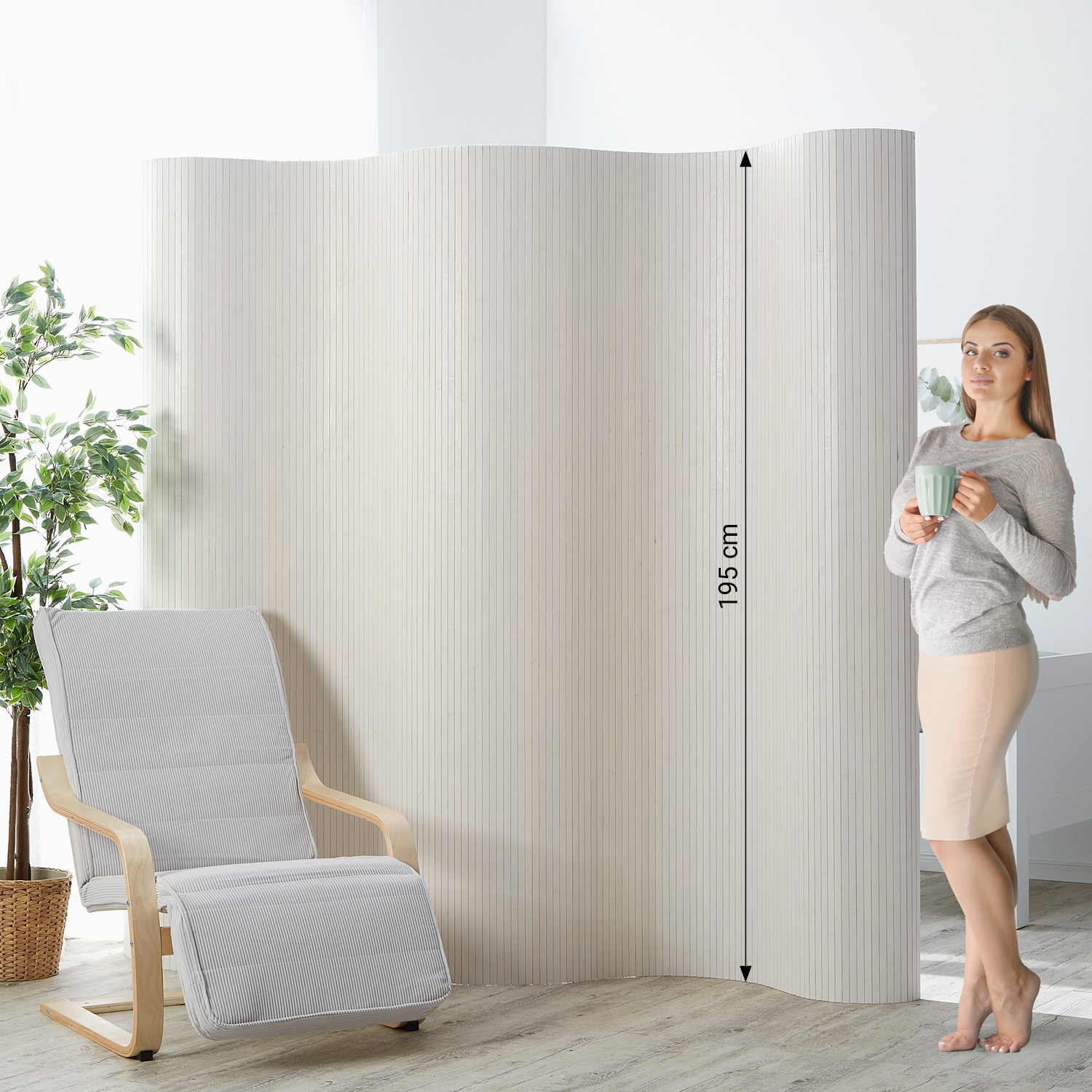 Paravent 195 cm hoch Bambus White Washed