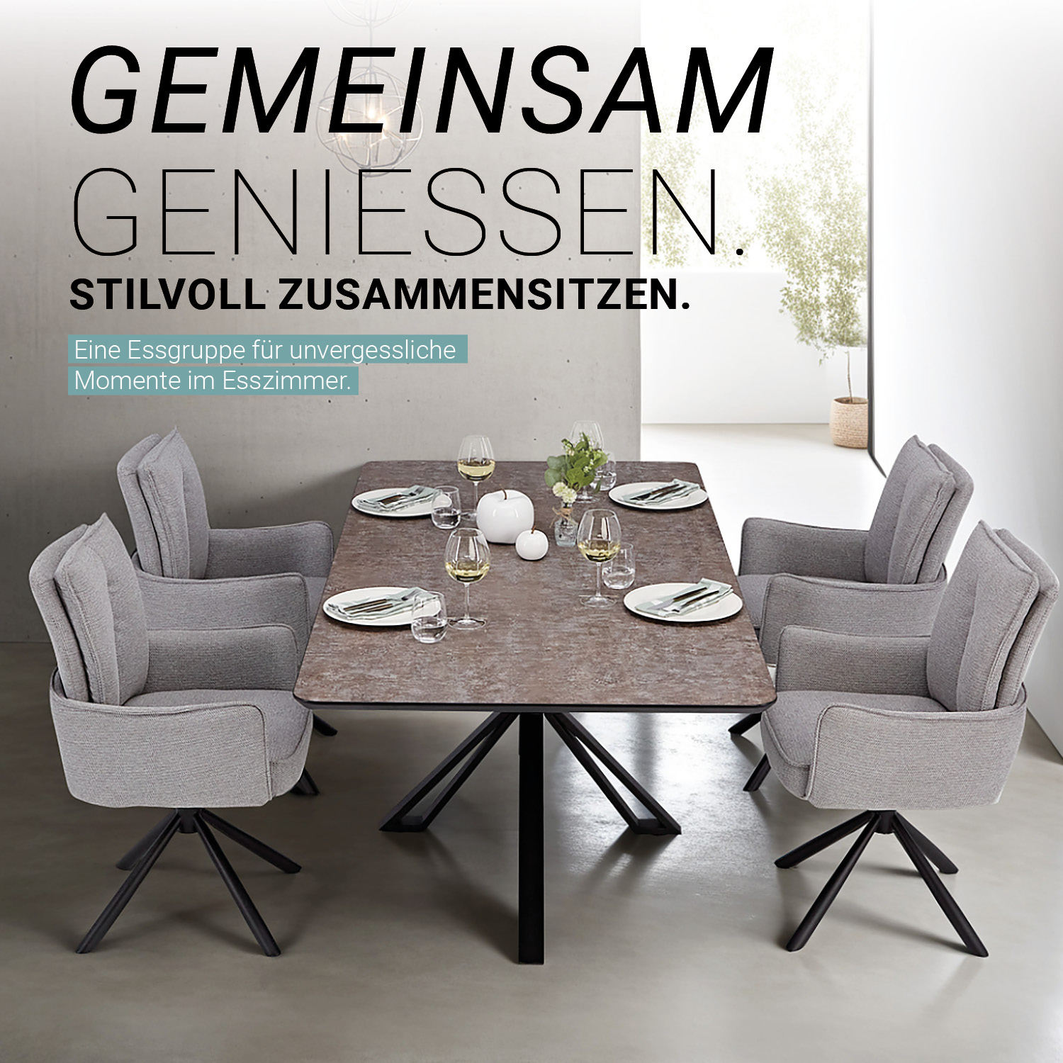 Dining set | 4-piece set upholstered chairs grey with armrest | swivel | dining table brown metal frame 200 x 100 cm