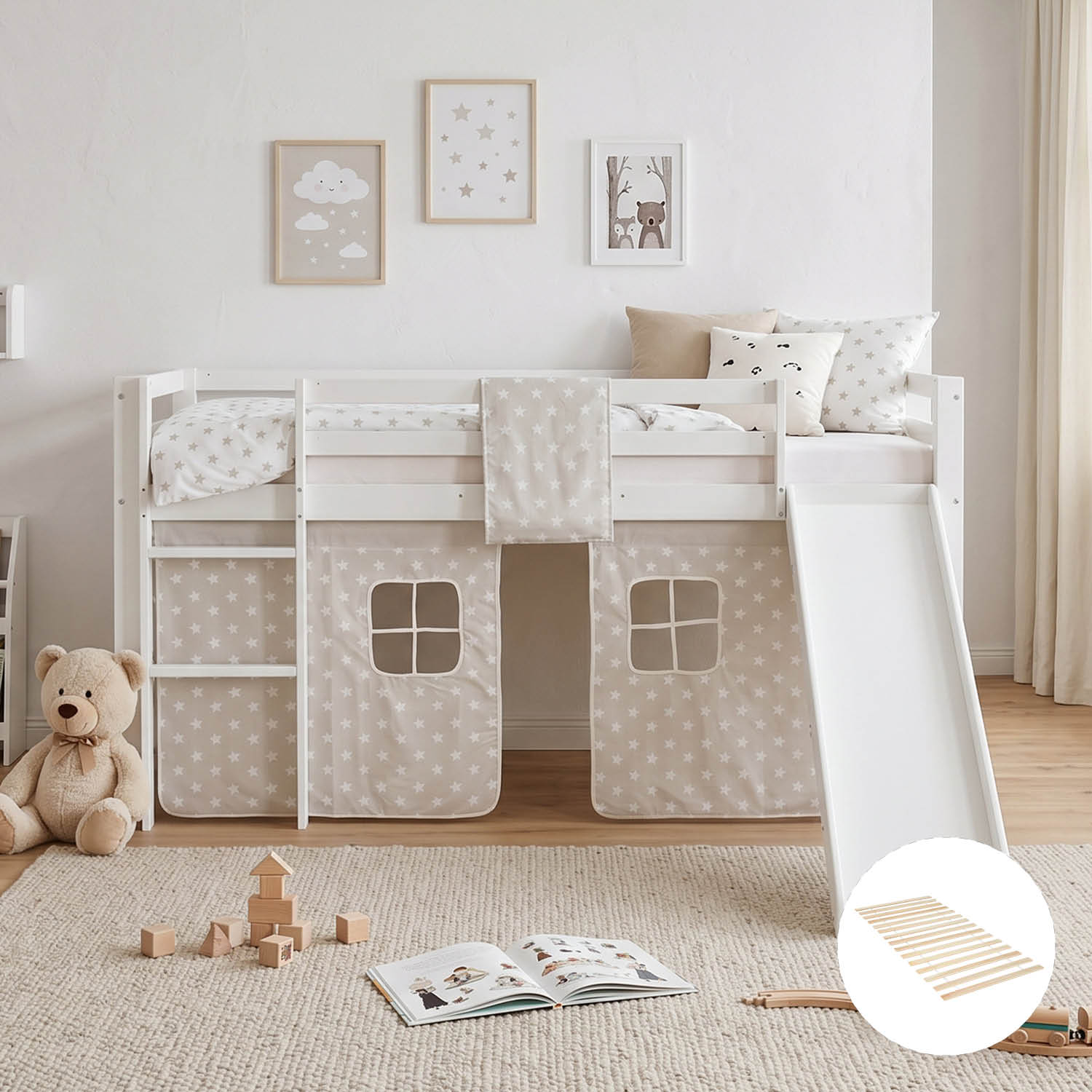 Children's Loft Bed 90x200 cm White with Star Curtain | Slide | Includes Slatted Base