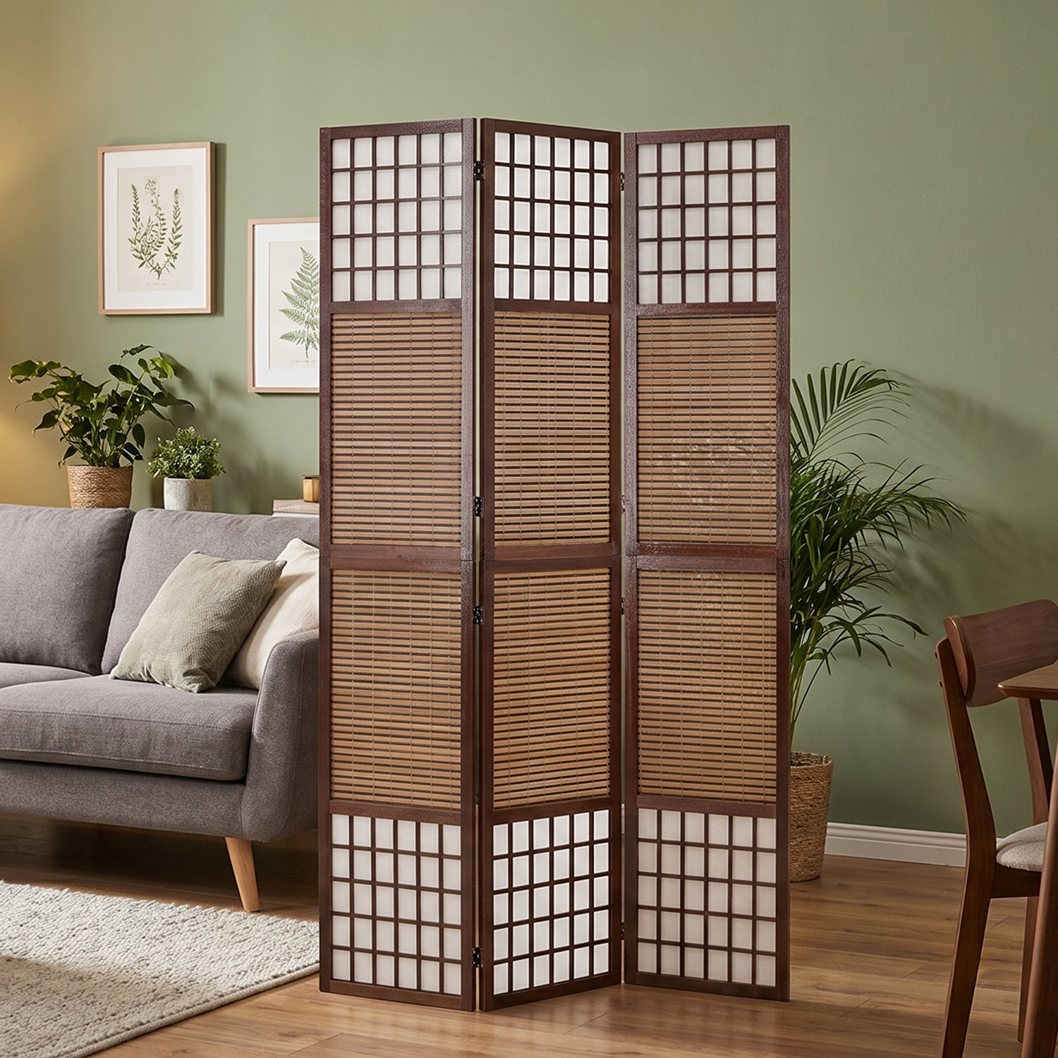 Brown 3-panel folding screen – bamboo & shoji rice paper, 200 cm