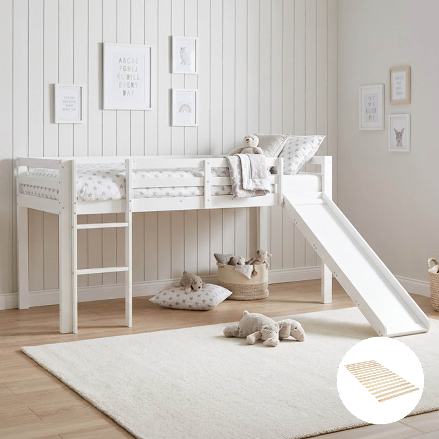 Children's Loft Bed 90x200 cm White Basic | Slide | With Slatted Base | Without Curtains