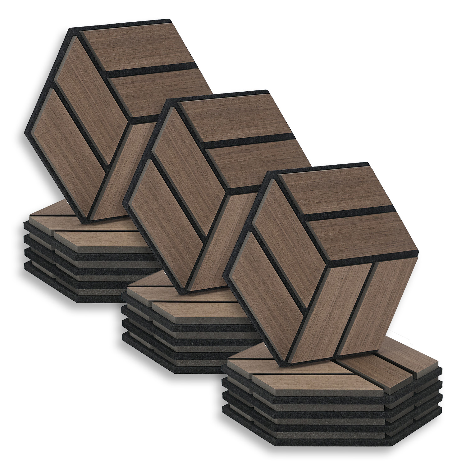 Acoustic Panels Wall Panels Hexagon Honeycomb 30 x 26 cm Brown Walnut | Wood | 15-piece Set | 3D