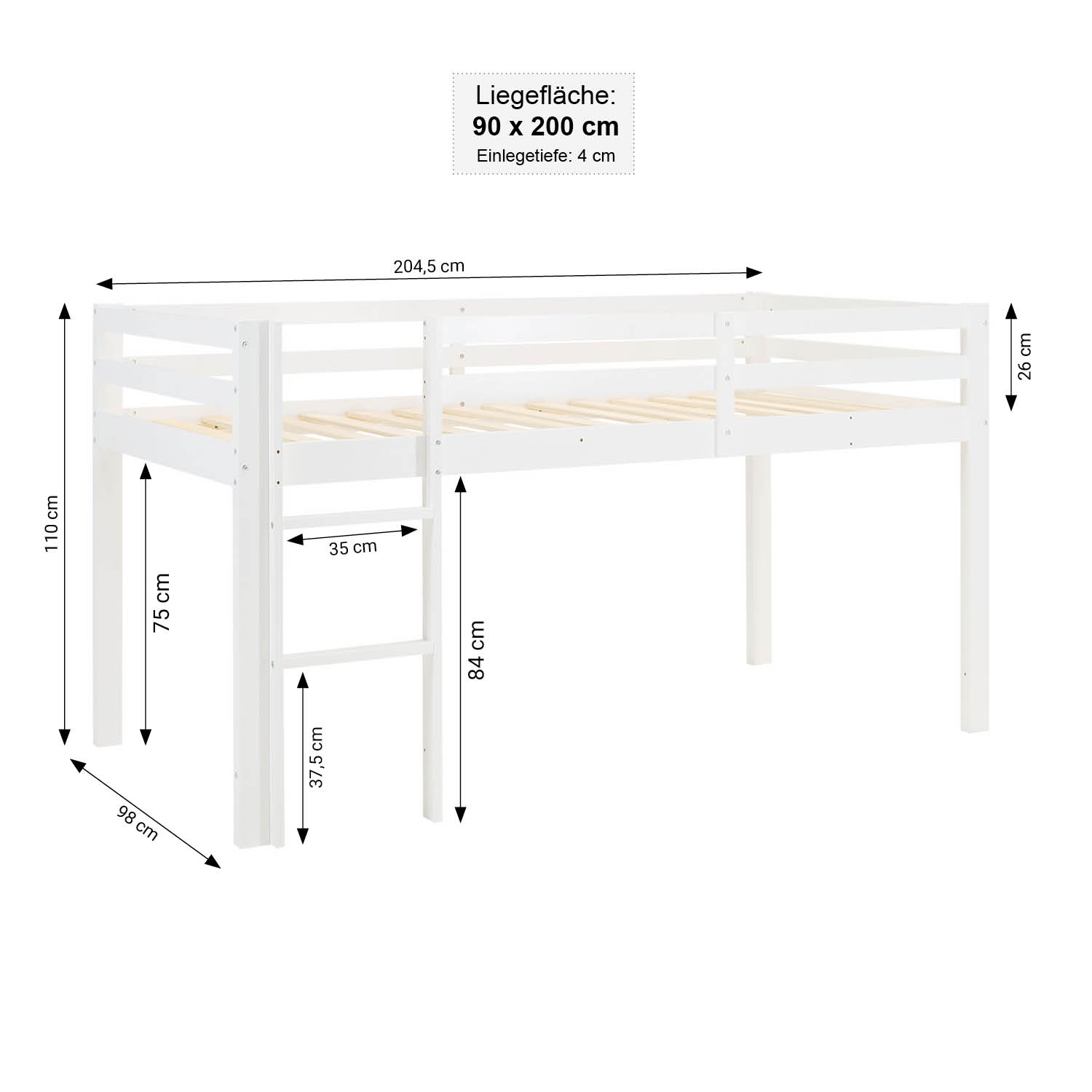 Loftbed 90x200 cm Bunk bed Childrens bed Solid Pine Wood Tower Tunnel Curtain Black Pirate Slide Mattress Slats