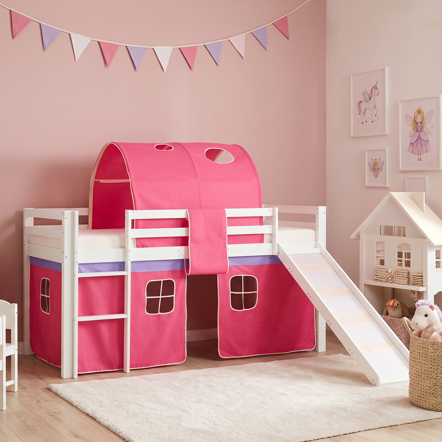 Children's Loft Bed 90x200 cm White with Pink Curtain | Tunnel | Slide | Without Slatted Base