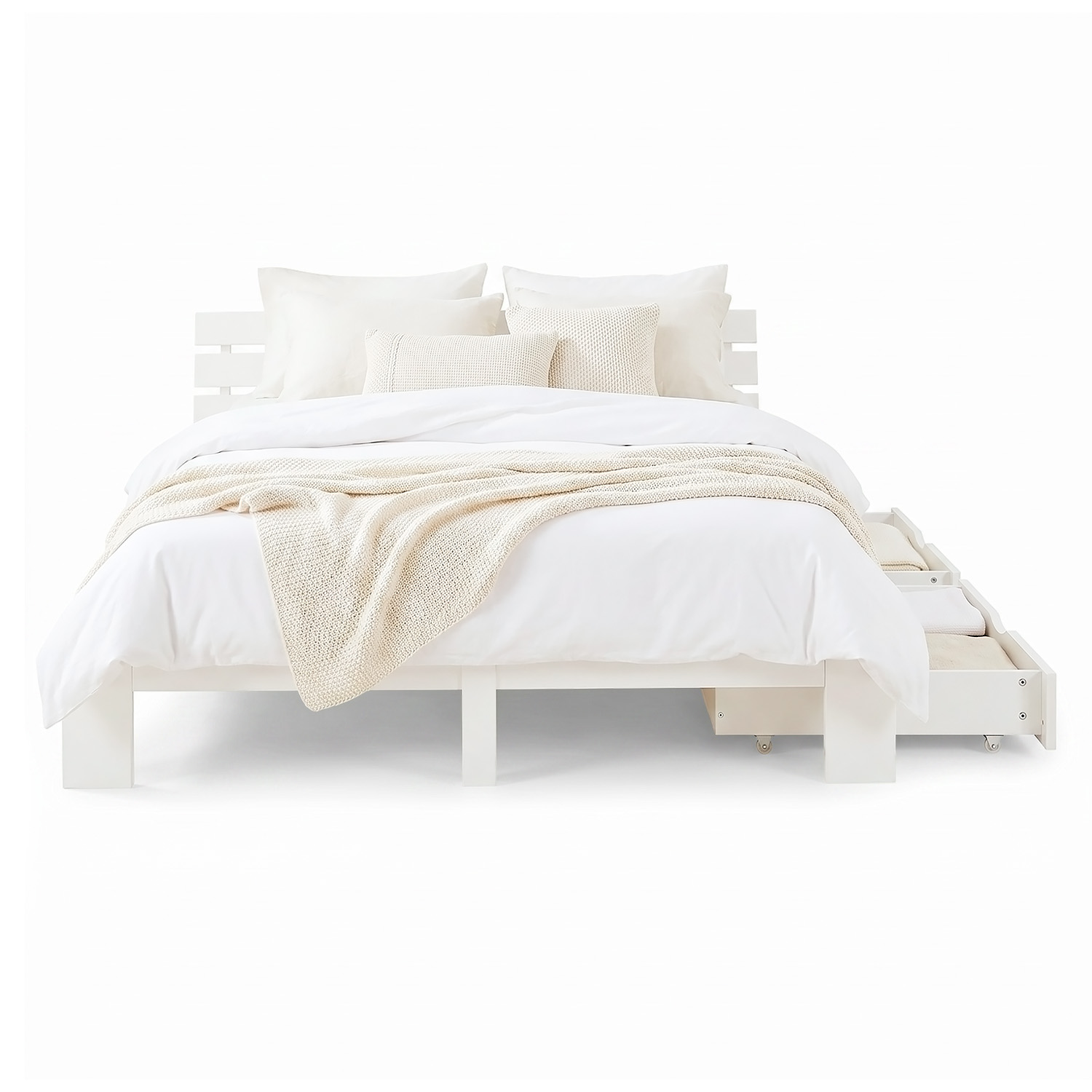 Wood Bed 180x200 cm White | Double Bed with Storage 2 Drawers | with Mattress | Solid | Youth Guest Bedroom