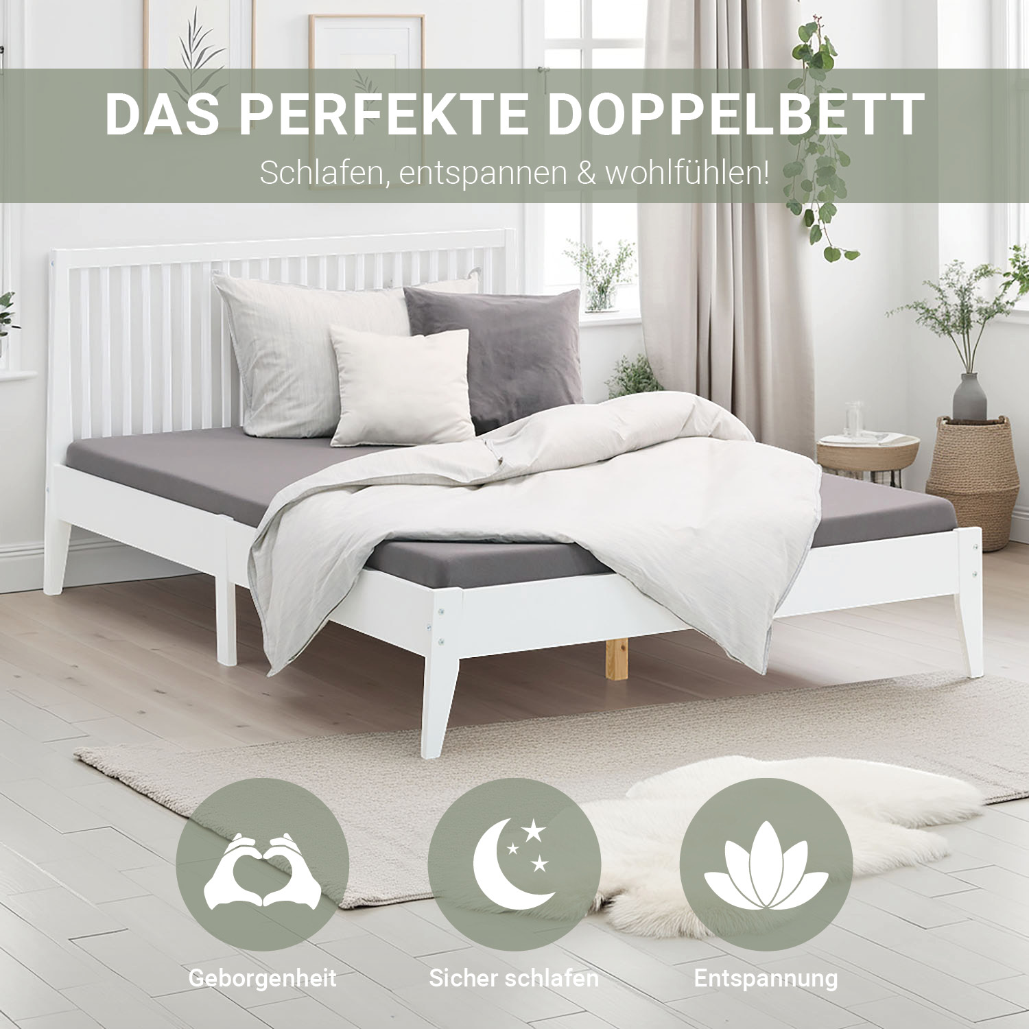 Wood Bed 140x200 cm White | Double Bed | with Slatted Frame | Scandinavian Style | Kids Youth Guest Bedroom