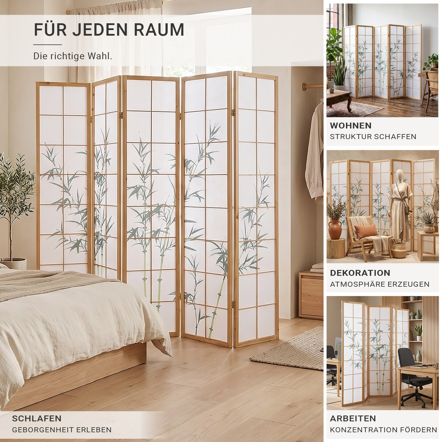 5-panel "Nature" folding screen with bamboo motif – Japanese room divider & privacy screen
