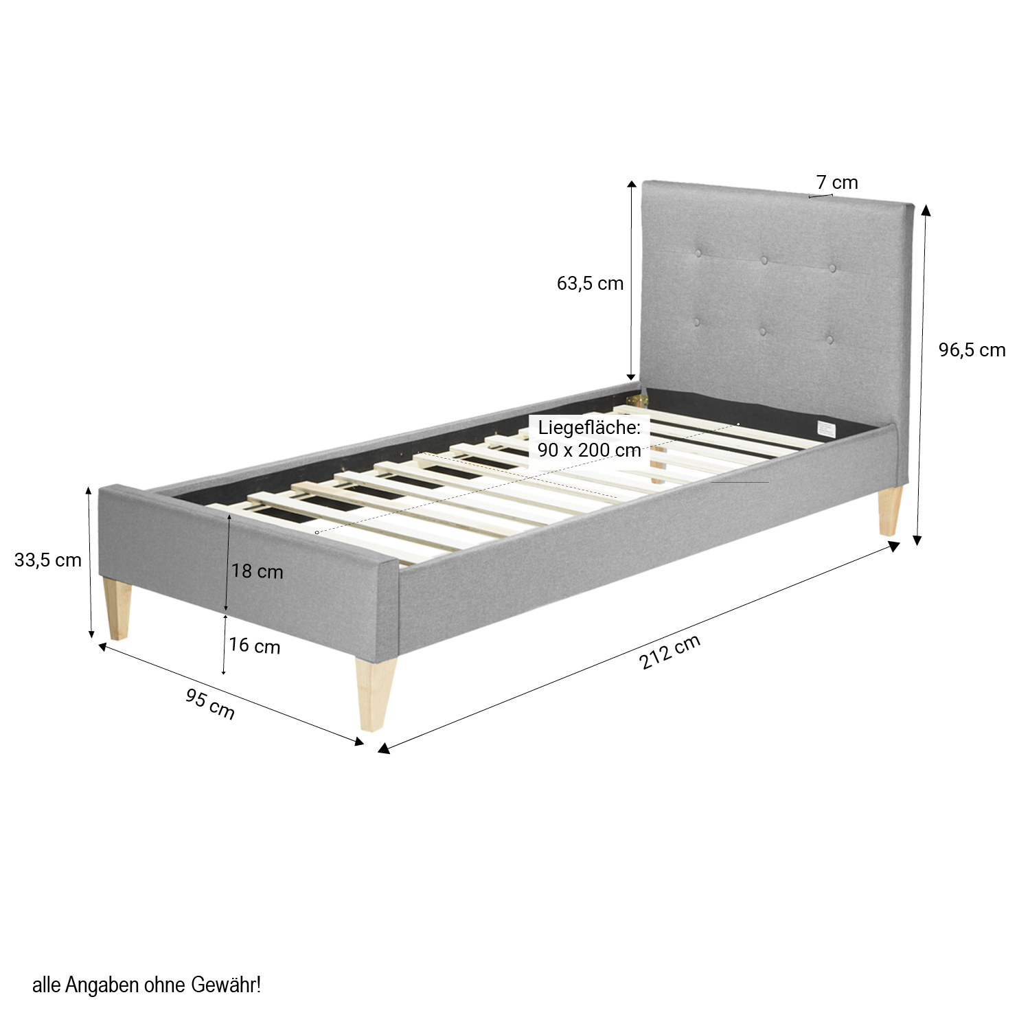 Upholstered bed, 90x200 cm, gray, with slatted frame – single bed, fabric bed with headboard, modern youth bed
