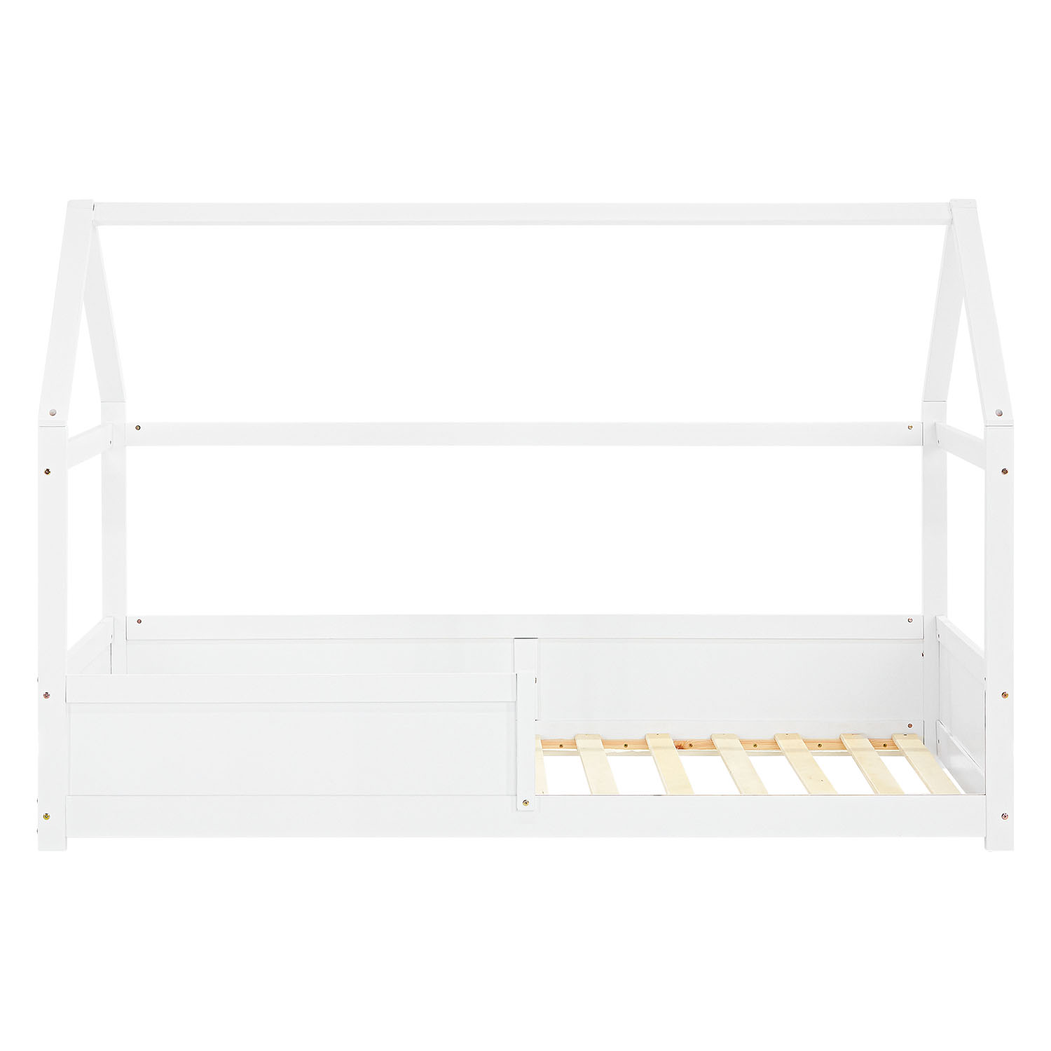 Children's Bed 90x200 cm White | House Bed with Fall Protection | Montessori | Single Bed | with Slatted Frame | Wood