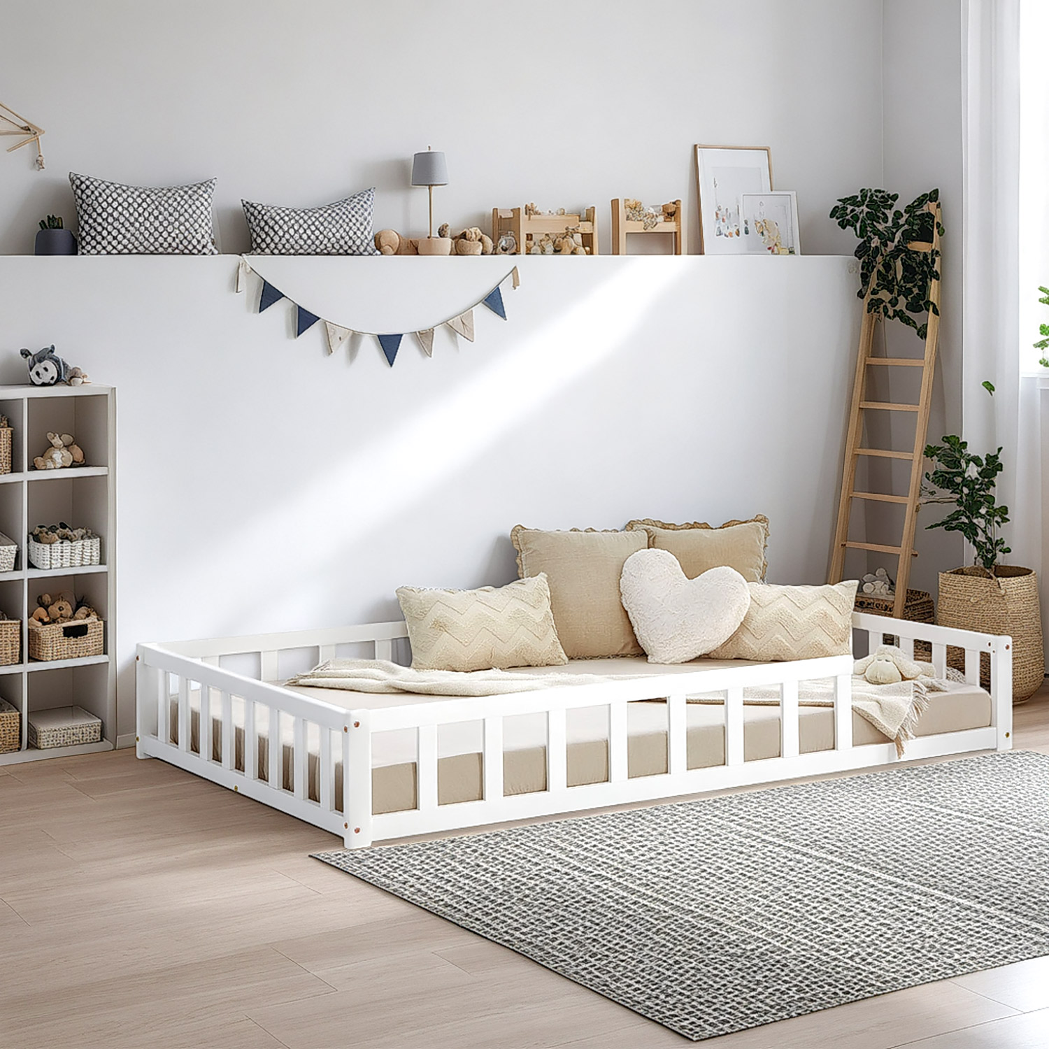 Children's Bed 120x200 White | Floor Bed with Mattress & Slatted Frame | with Fall Protection | Montessori